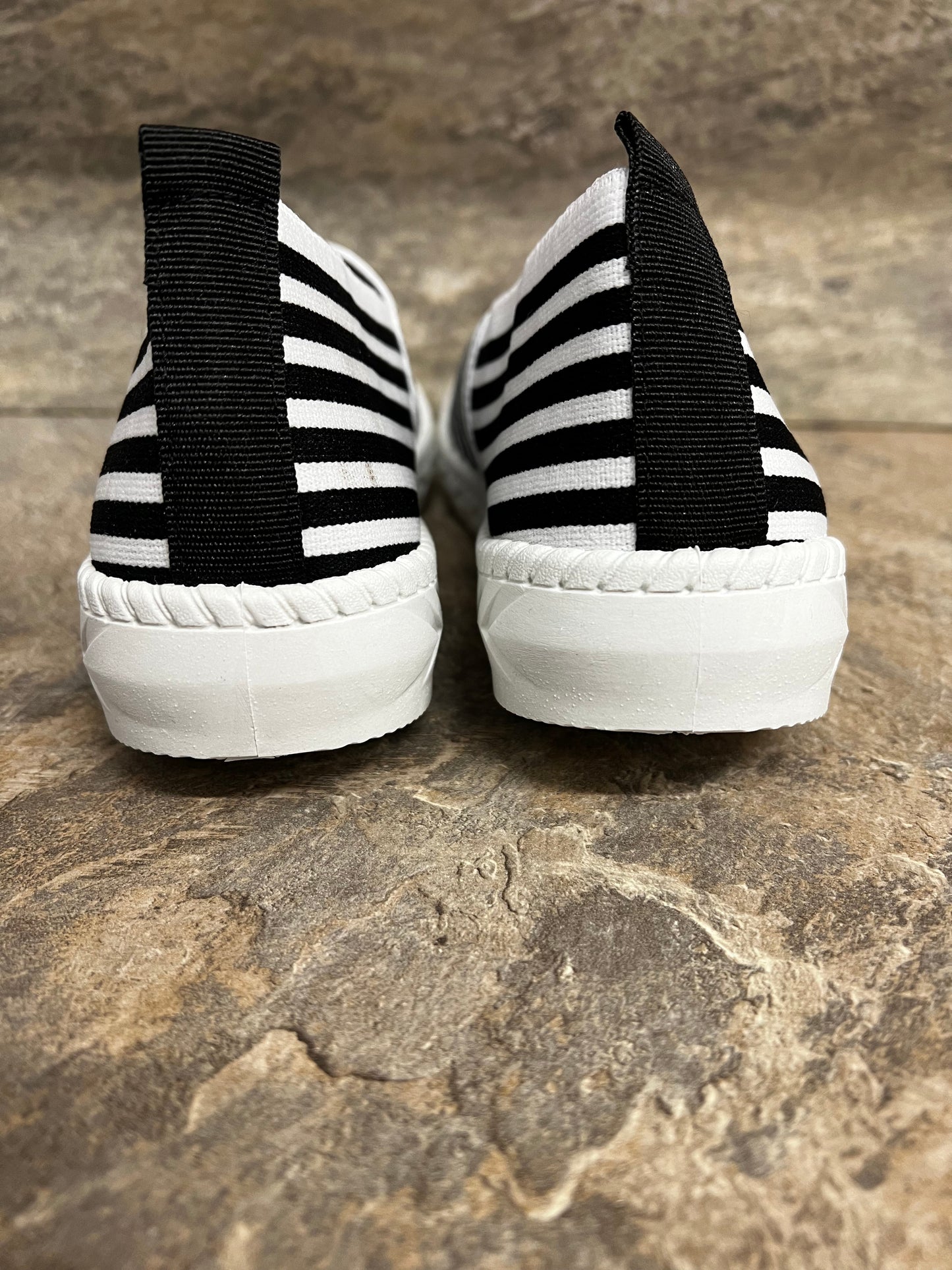 Black and white stripe slip on canvas pump sizes 3-8