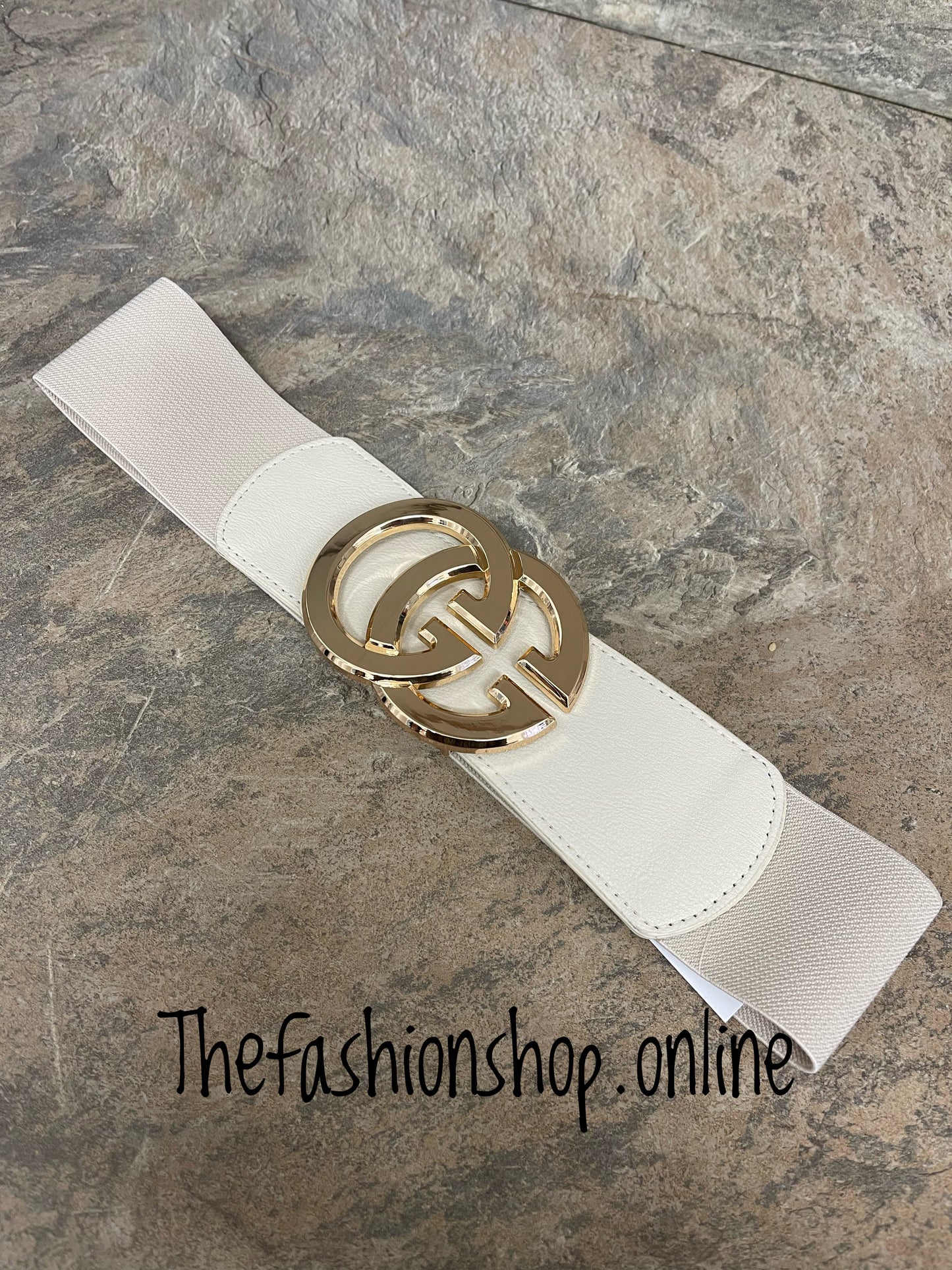 Stone elasticated belt with gold logo buckle