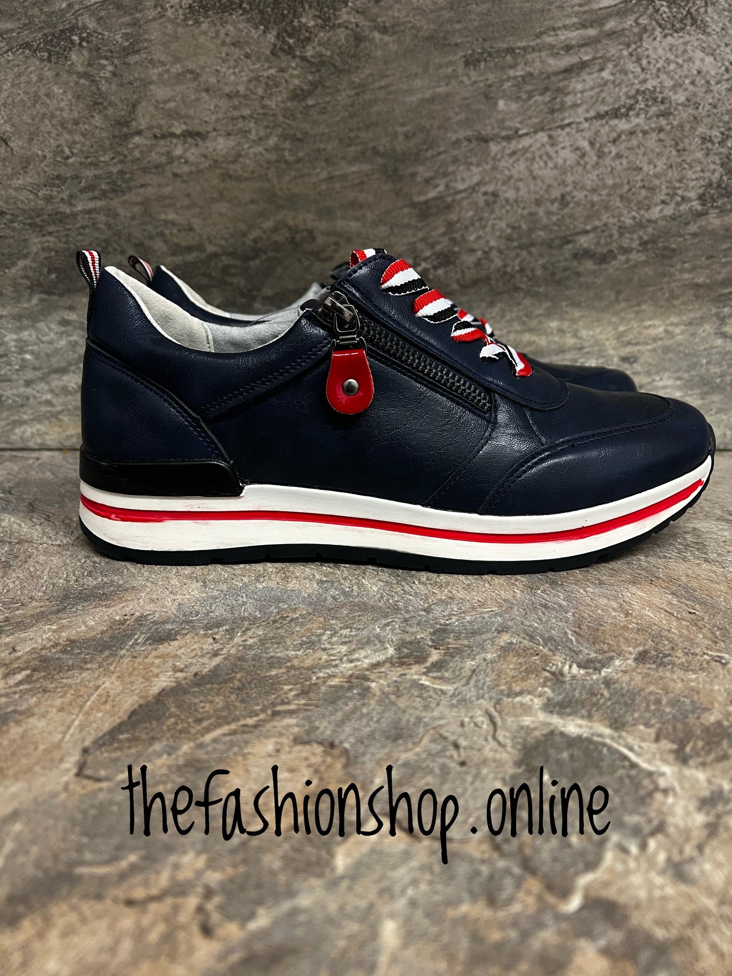 Navy, red and white lace up trainers 3-8