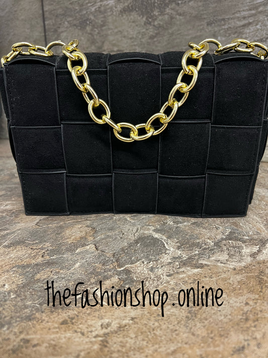 Black faux suede woven bag