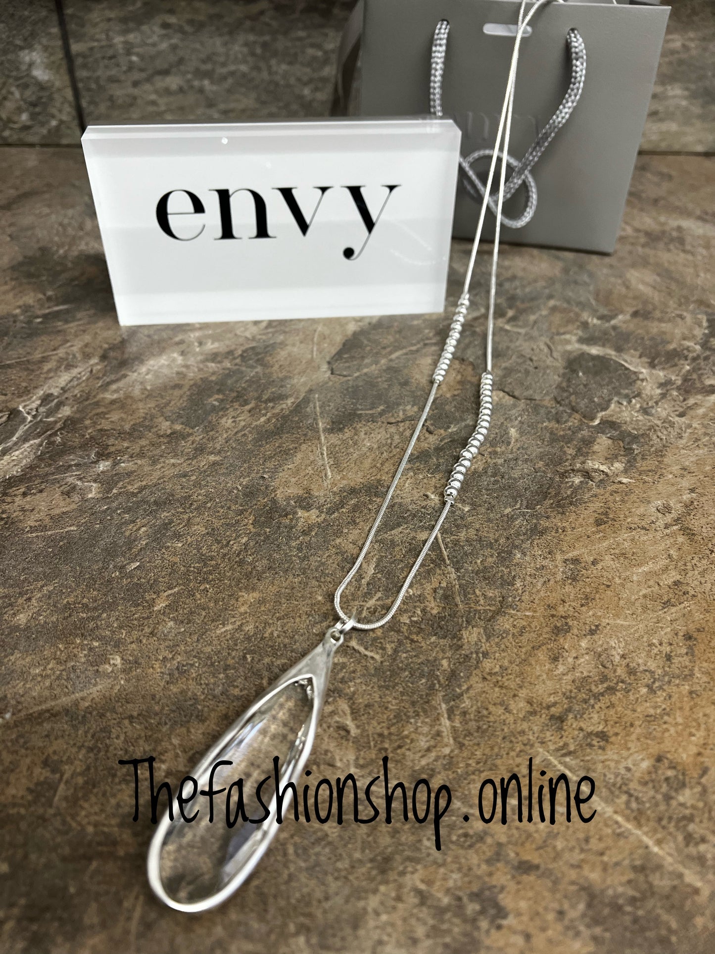 Envy long silver crystal pendant necklace