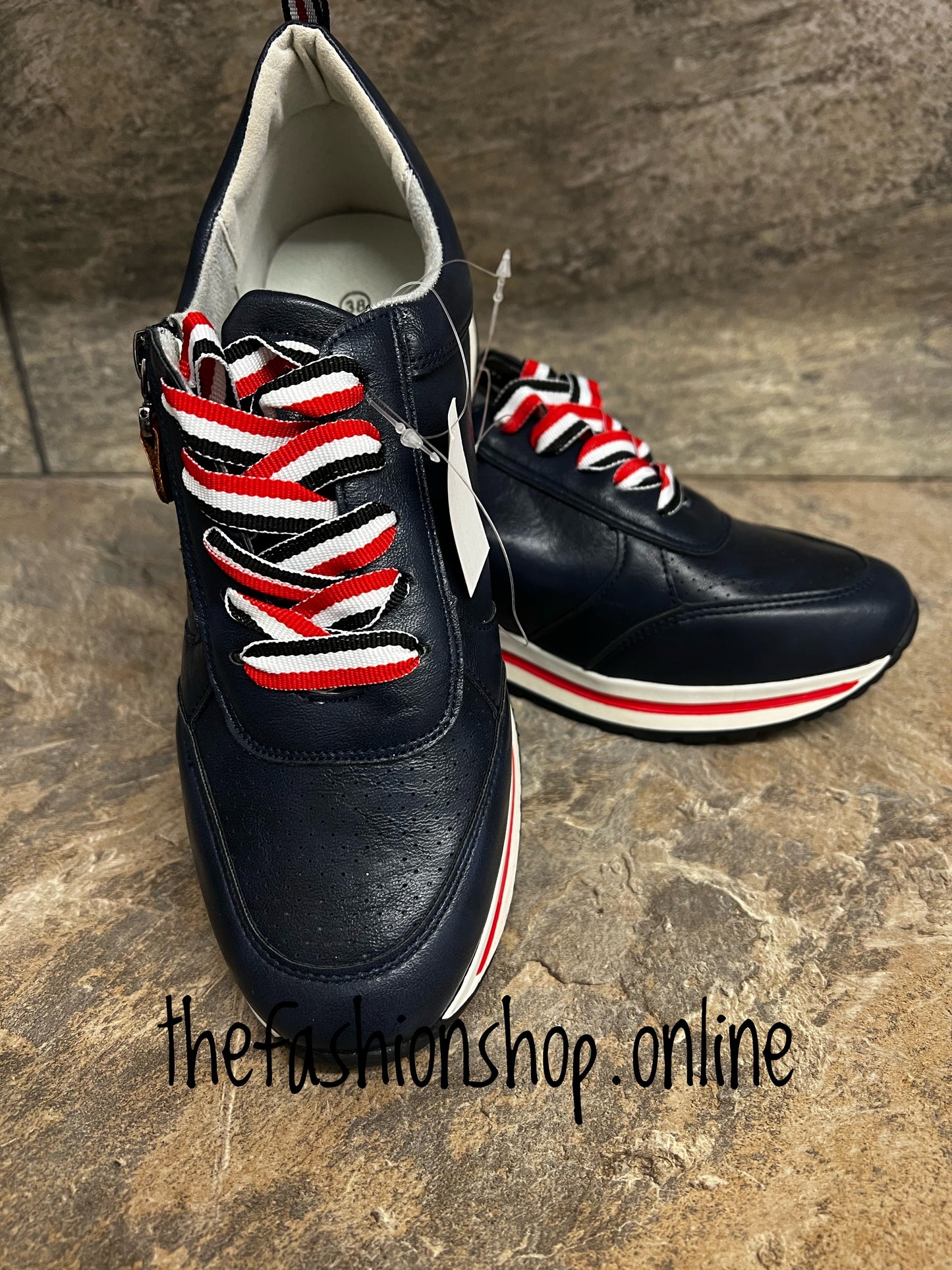 Navy, red and white lace up trainers 3-8
