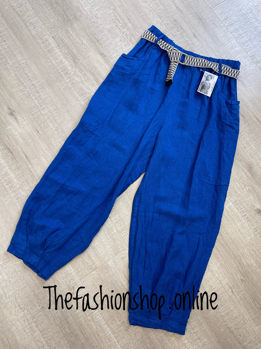 Royal blue linen trousers with funky belt 10-16