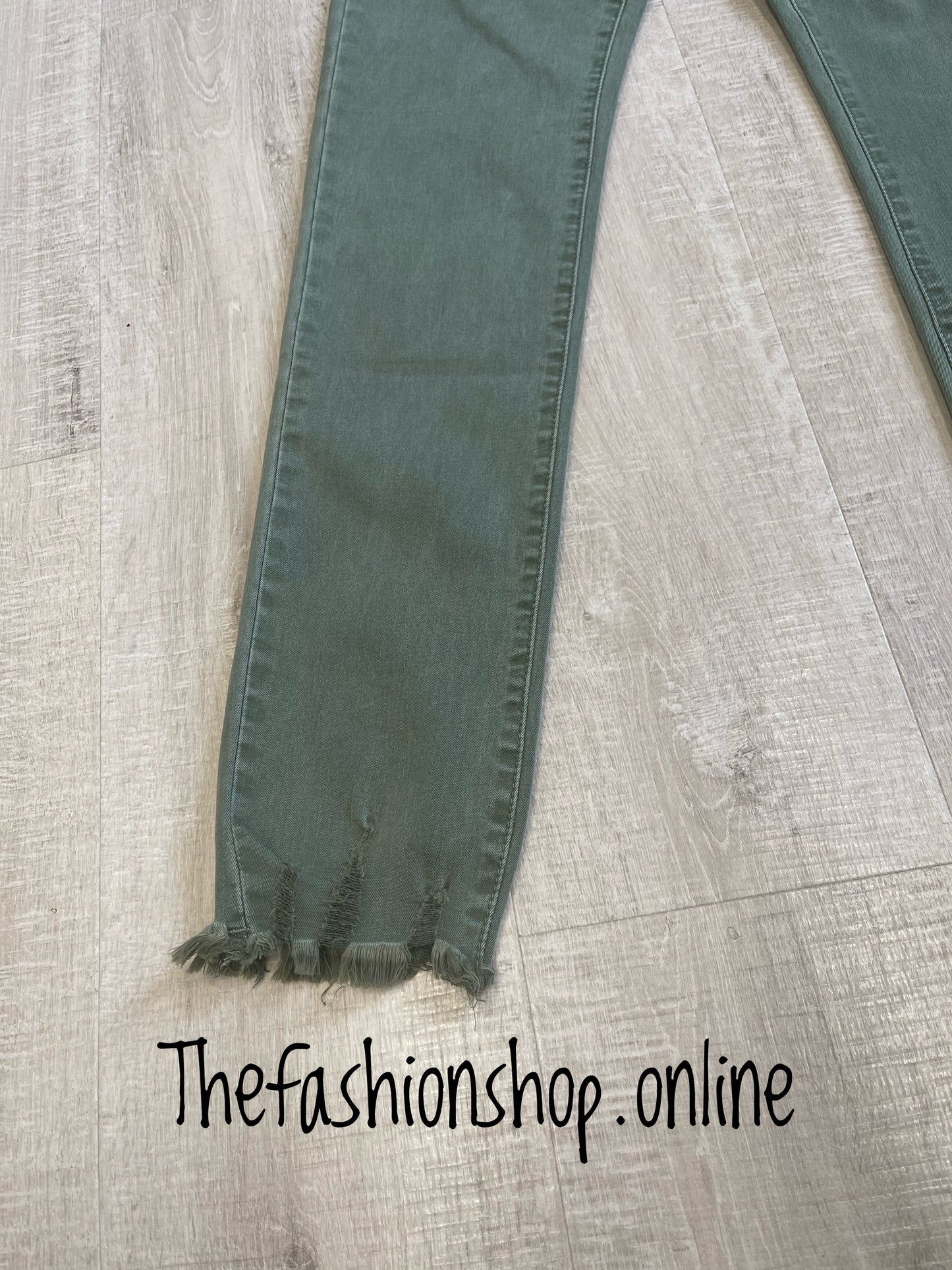 Khaki green premium ladies fit frayed edge jeans 10-20