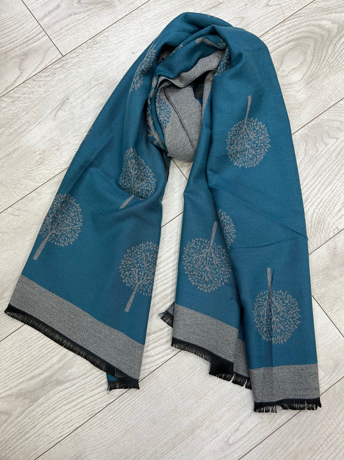 Teal and grey cashmere tree of life scarf
