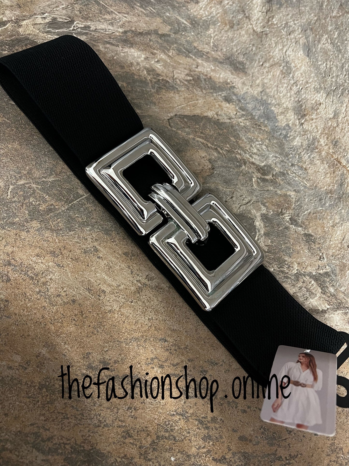 Black and silver square link elasticated belt