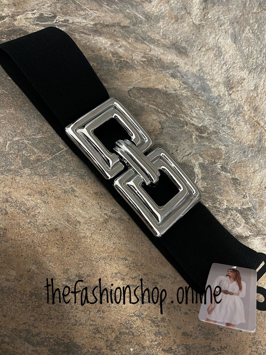 Black and silver square link elasticated belt