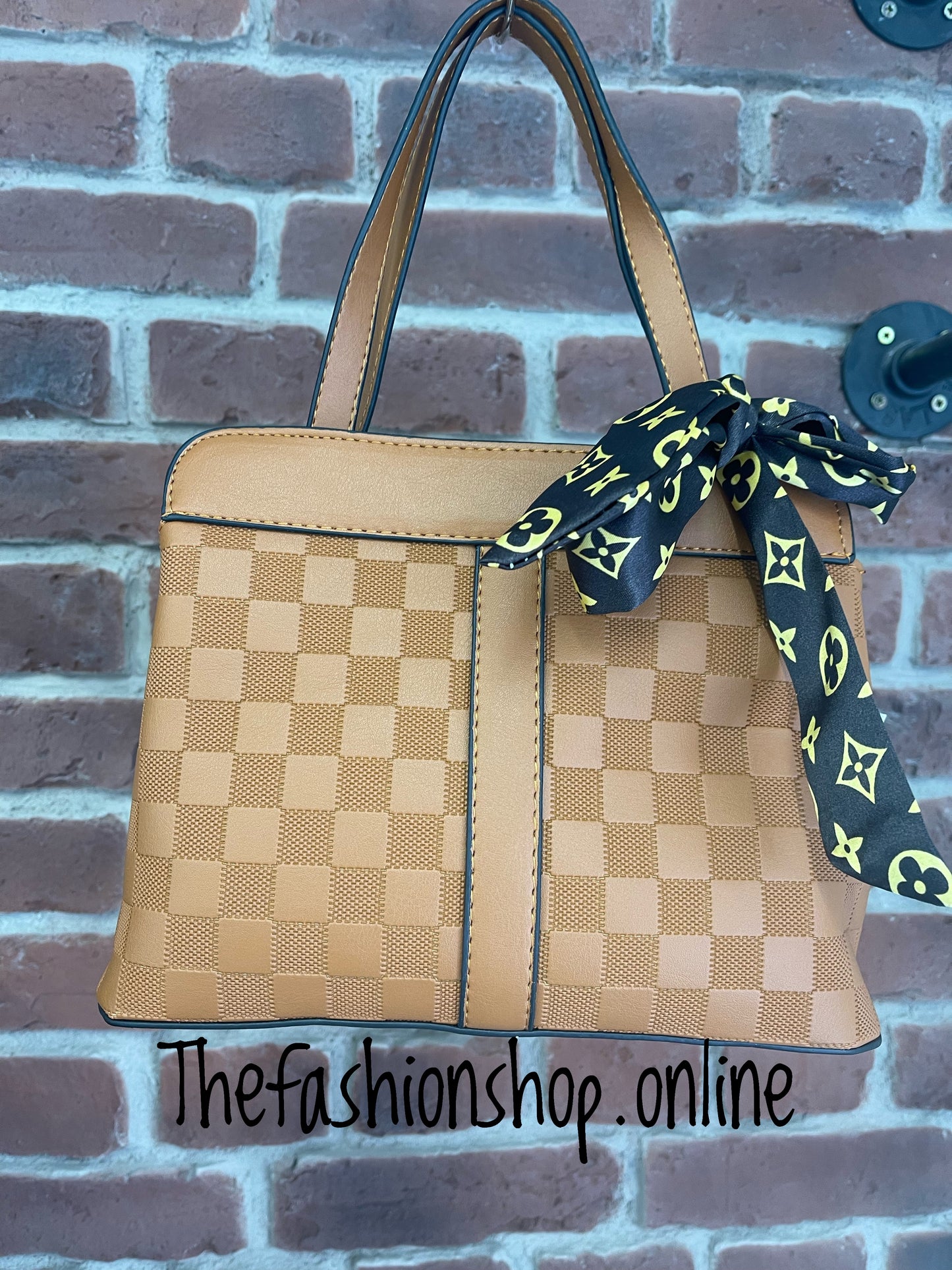 Tan checkered shoulder bag
