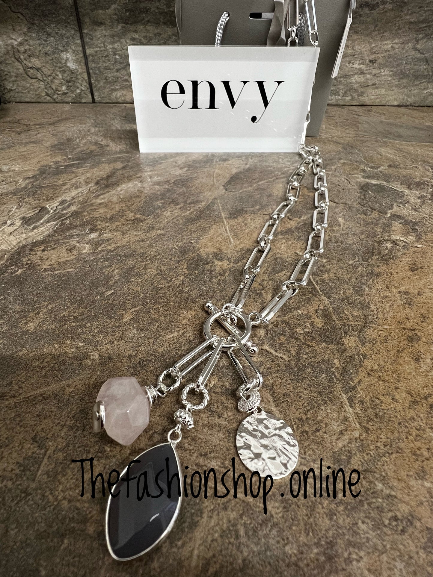 Envy long silver link necklace with semi precious stones