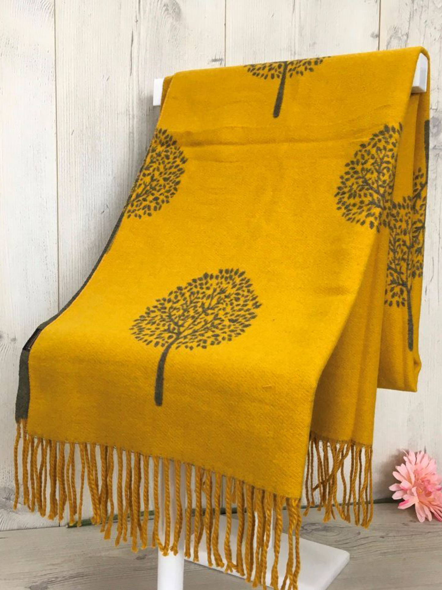 Mustard and grey tree of life cashmere scarf