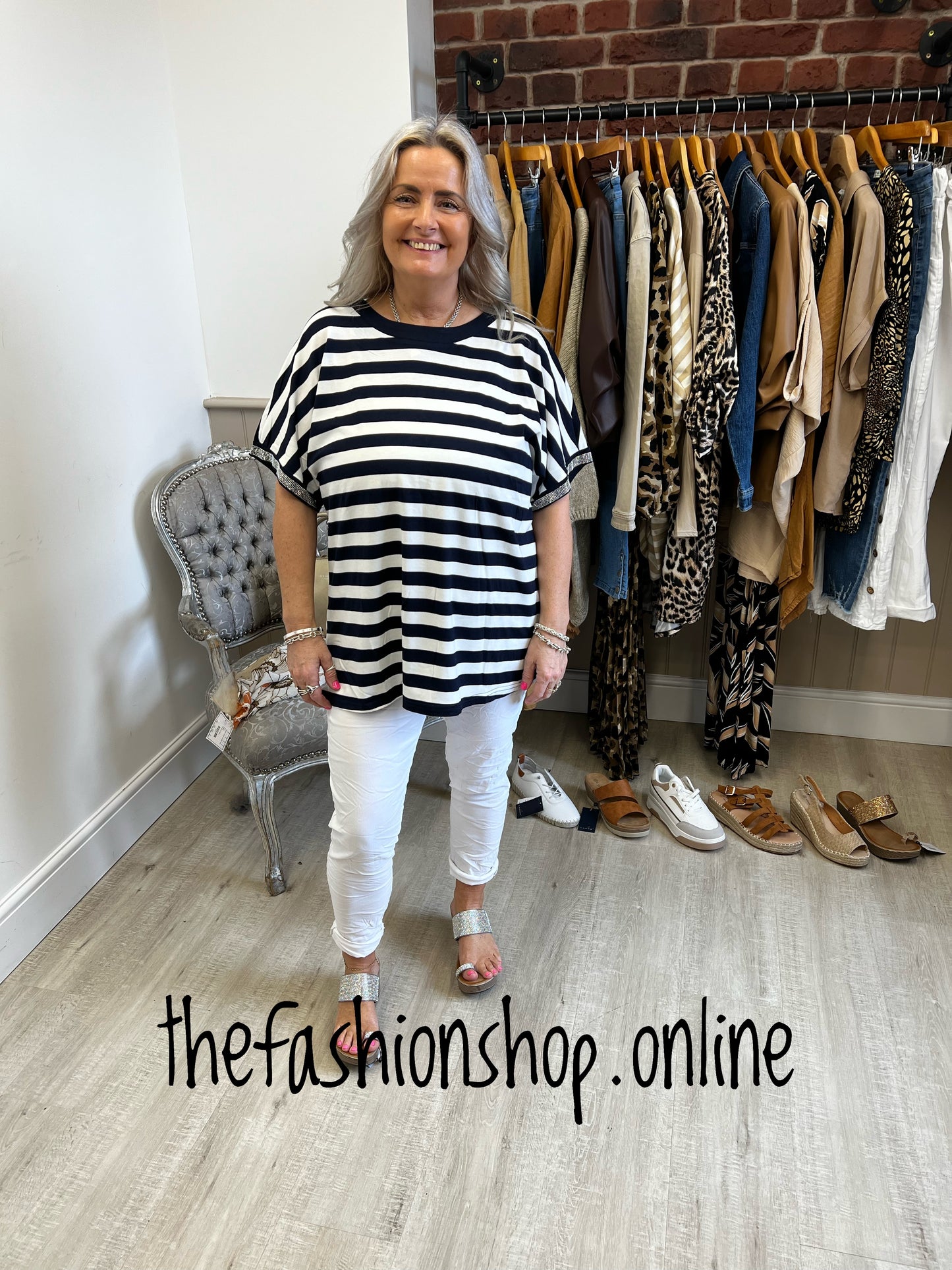 Navy and white stripe diamante top 10-18