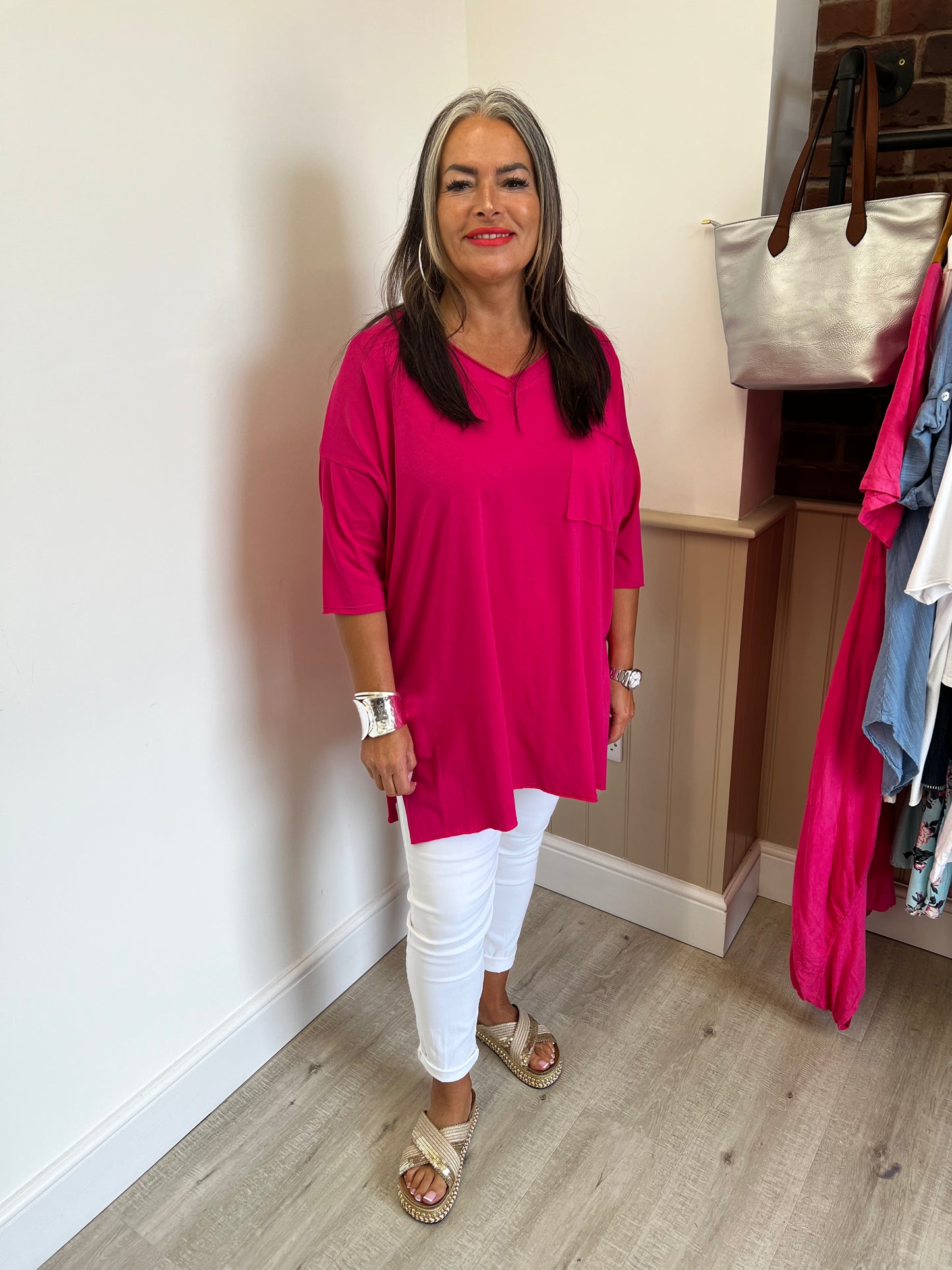 Hot pink v neck cotton top with top pocket