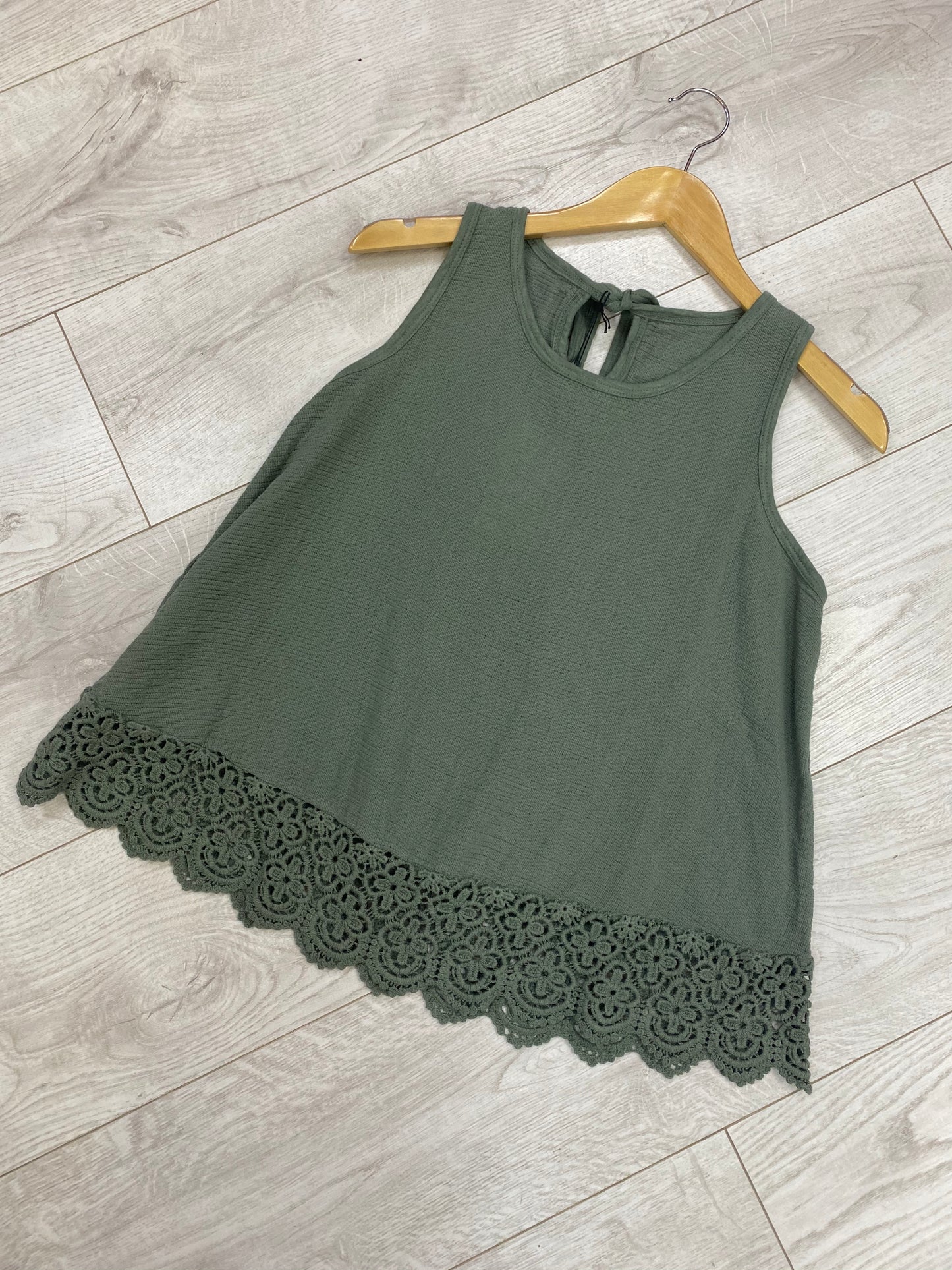 Khaki vest top with heavy lace trim