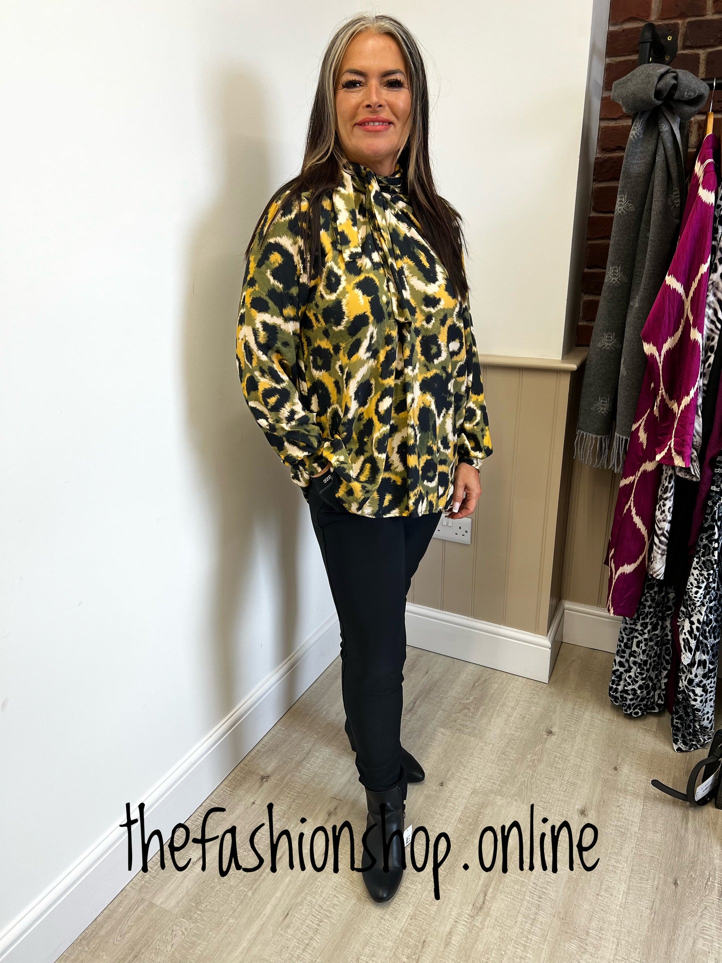 Khaki and mustard pussy bow blouse 12-18
