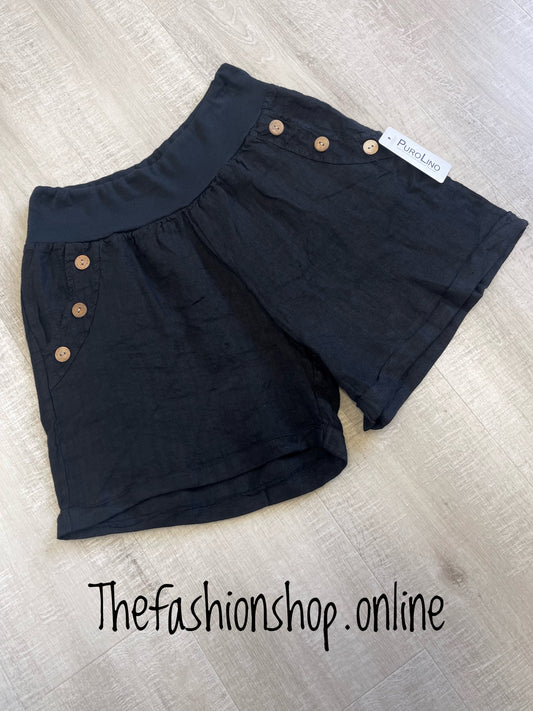 Black linen button pocket shorts 10-16