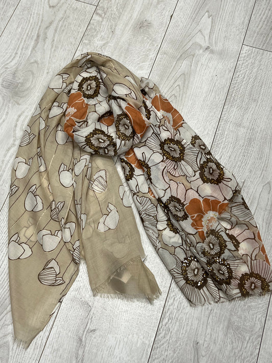 Shades of brown and silver flower scarf