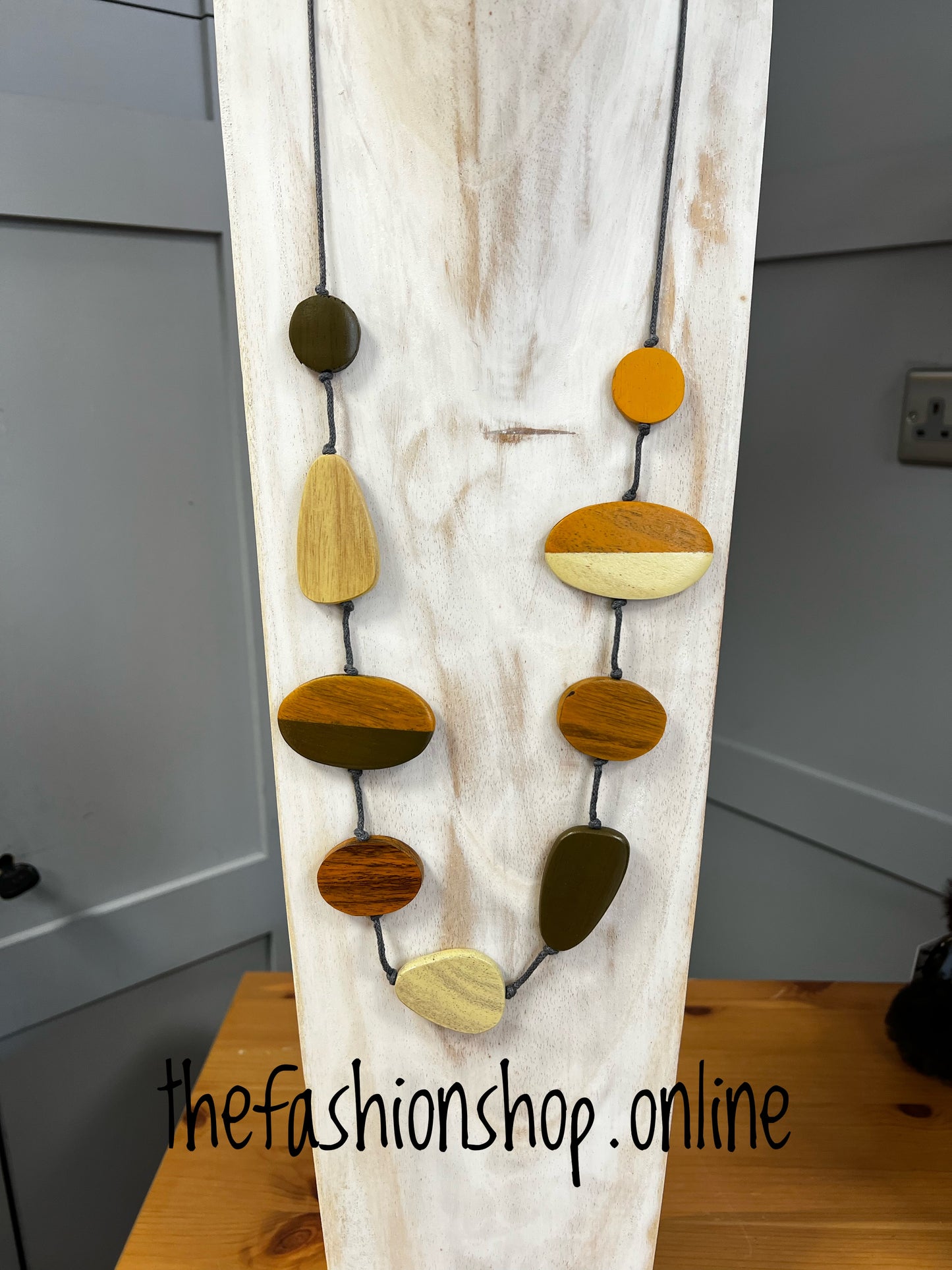 Suzie Blue long mixed shape two tone wooden necklace in shades of brown