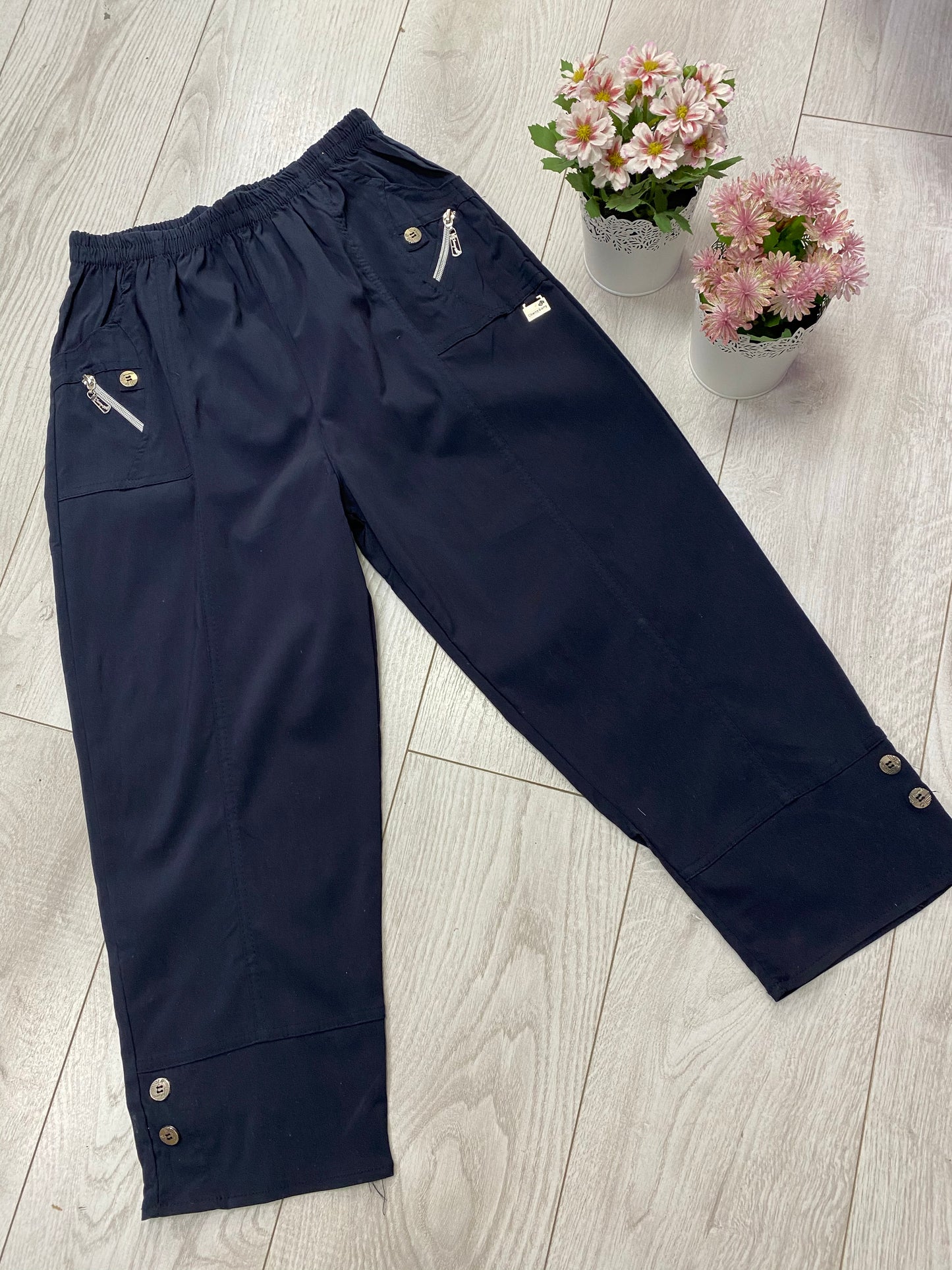 Navy stretchy button detail cropped trousers 10-26