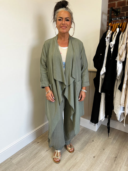 Khaki waterfall linen mix jacket with pockets