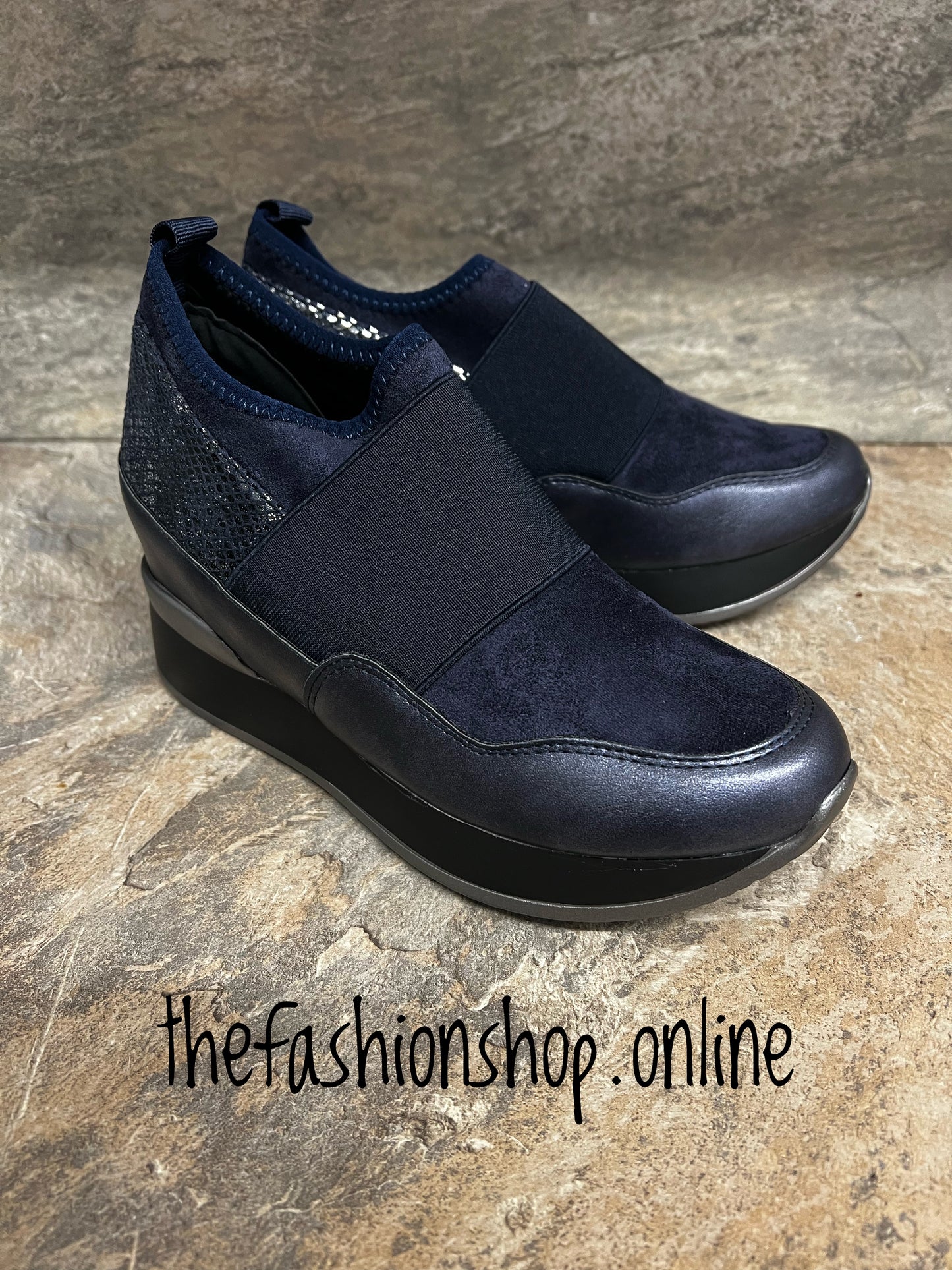 Navy and silver wedge slip on trainer