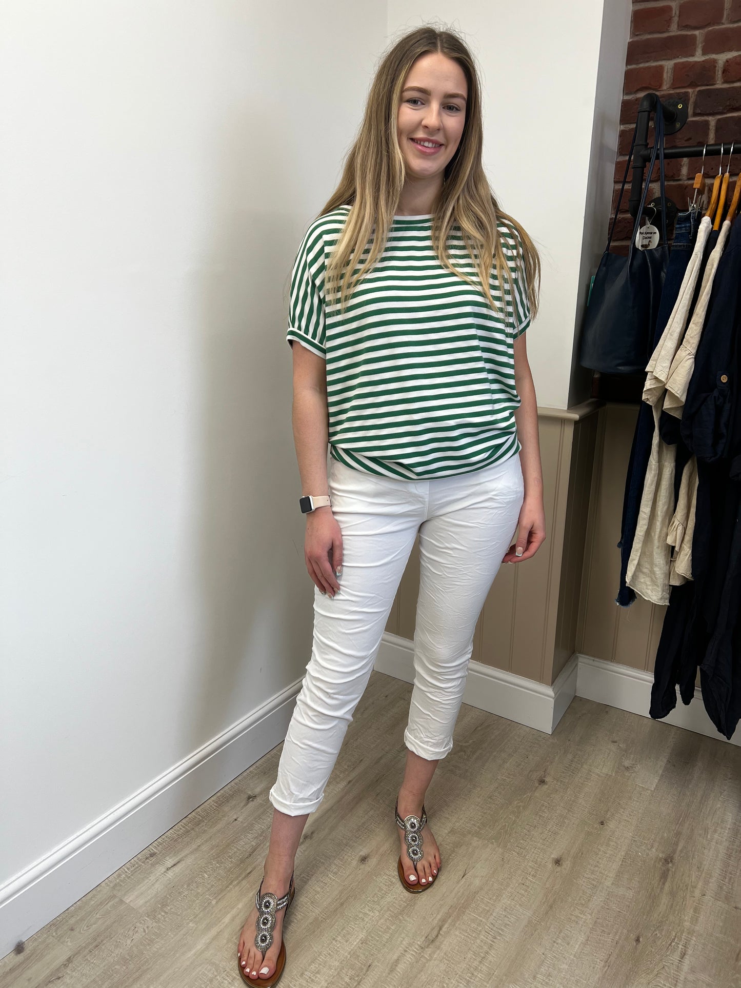 Green and white stripe hi low style top