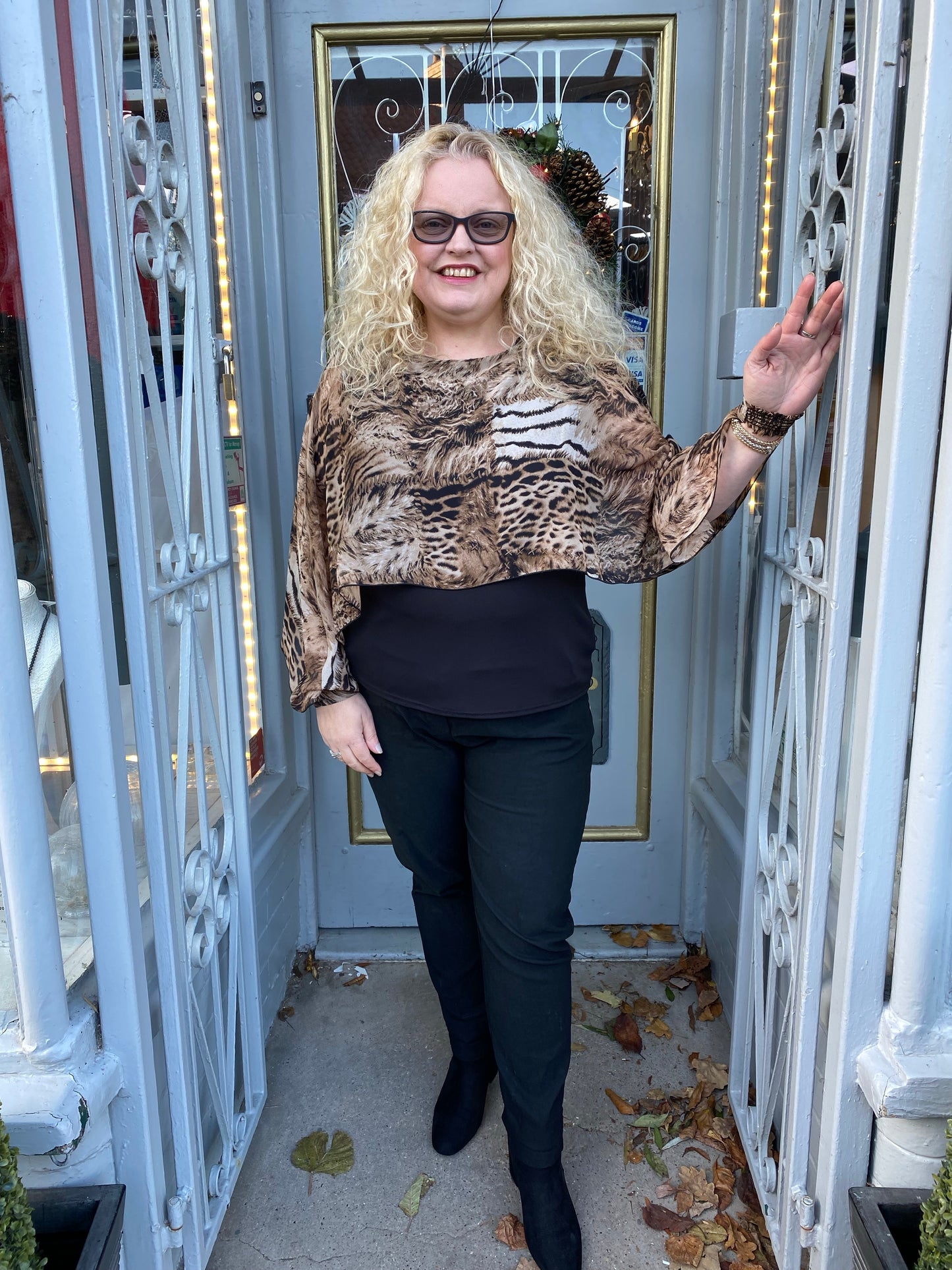 Black with brown animal print mock two piece chiffon top