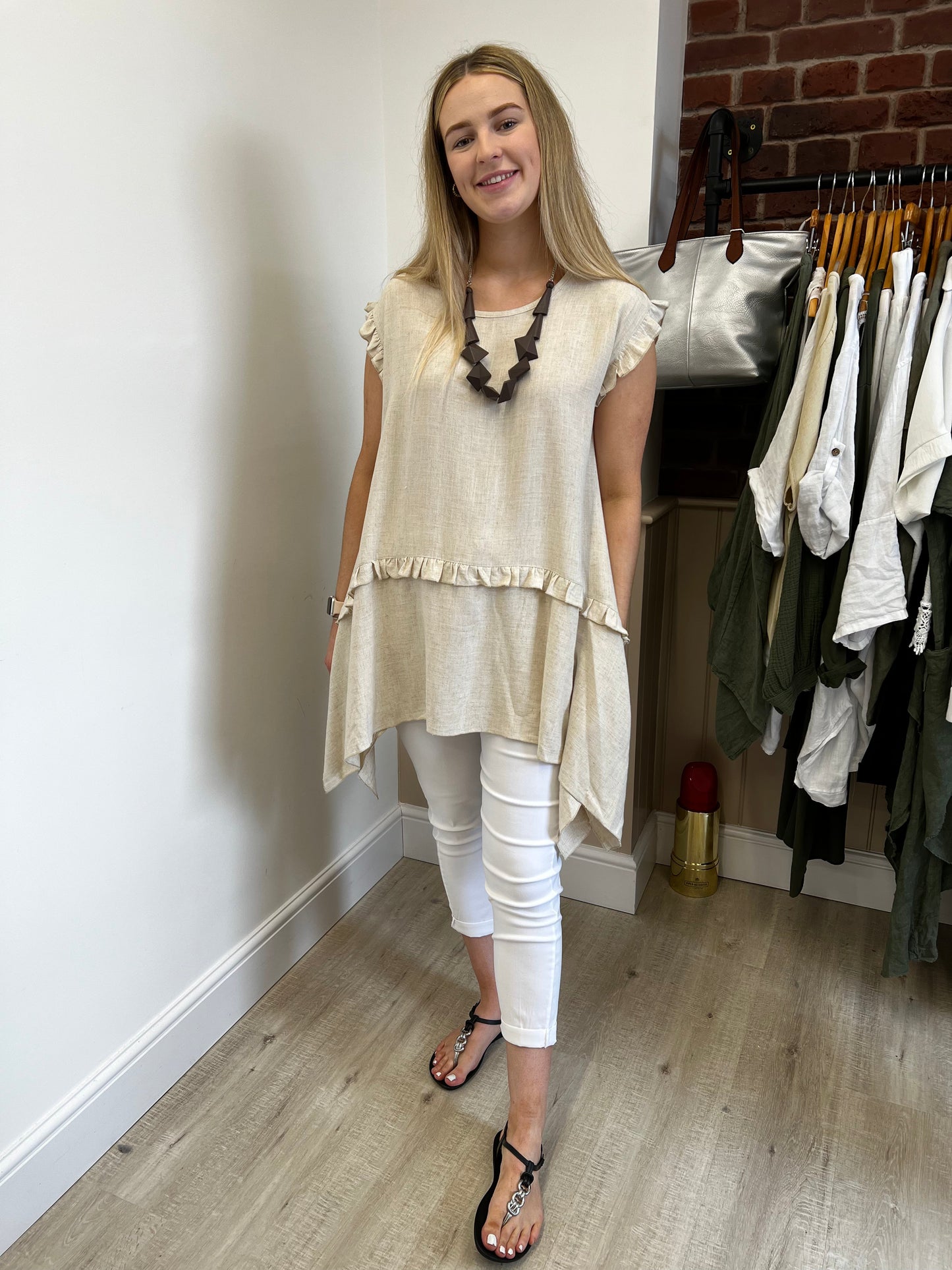 Stone linen mix tunic with frill detail sizes 12-22
