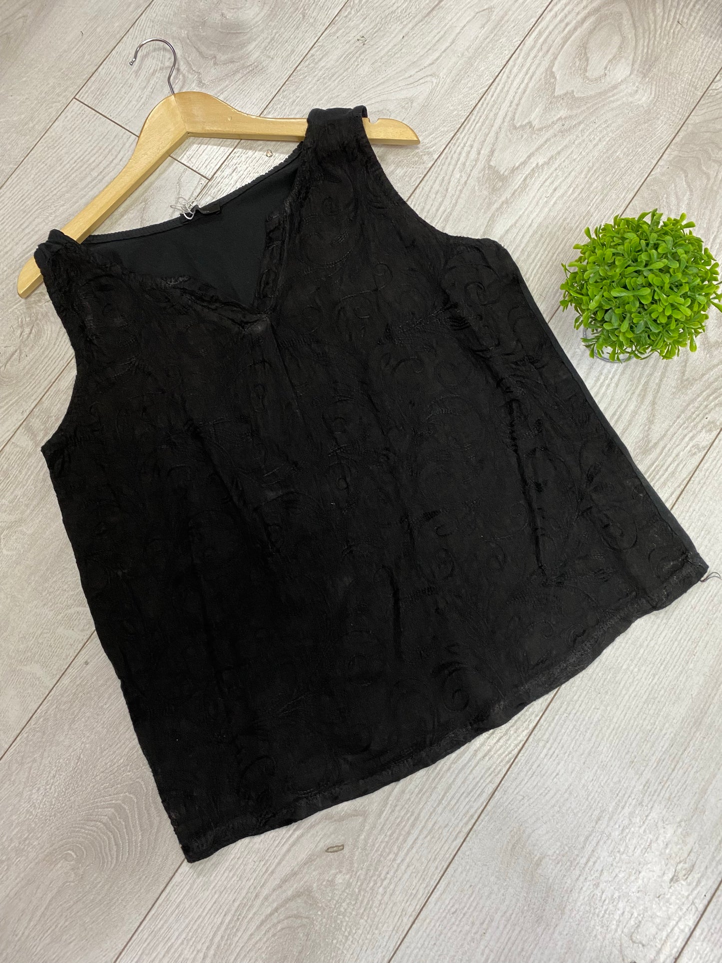 Black linen mix embroidered vest top