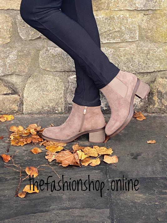 Mocha mock suede chunky heel ankle boot. 3-8