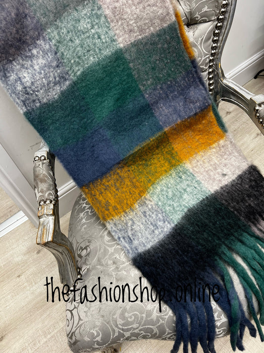 Purple, navy and green wool mix scarf