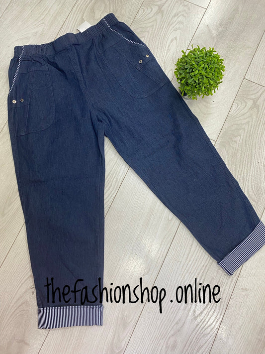 Denim blue striped hem stretchy cropped trousers 10-26