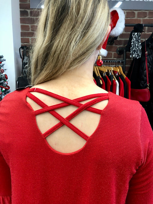 Red lattice back shimmer top 10-16