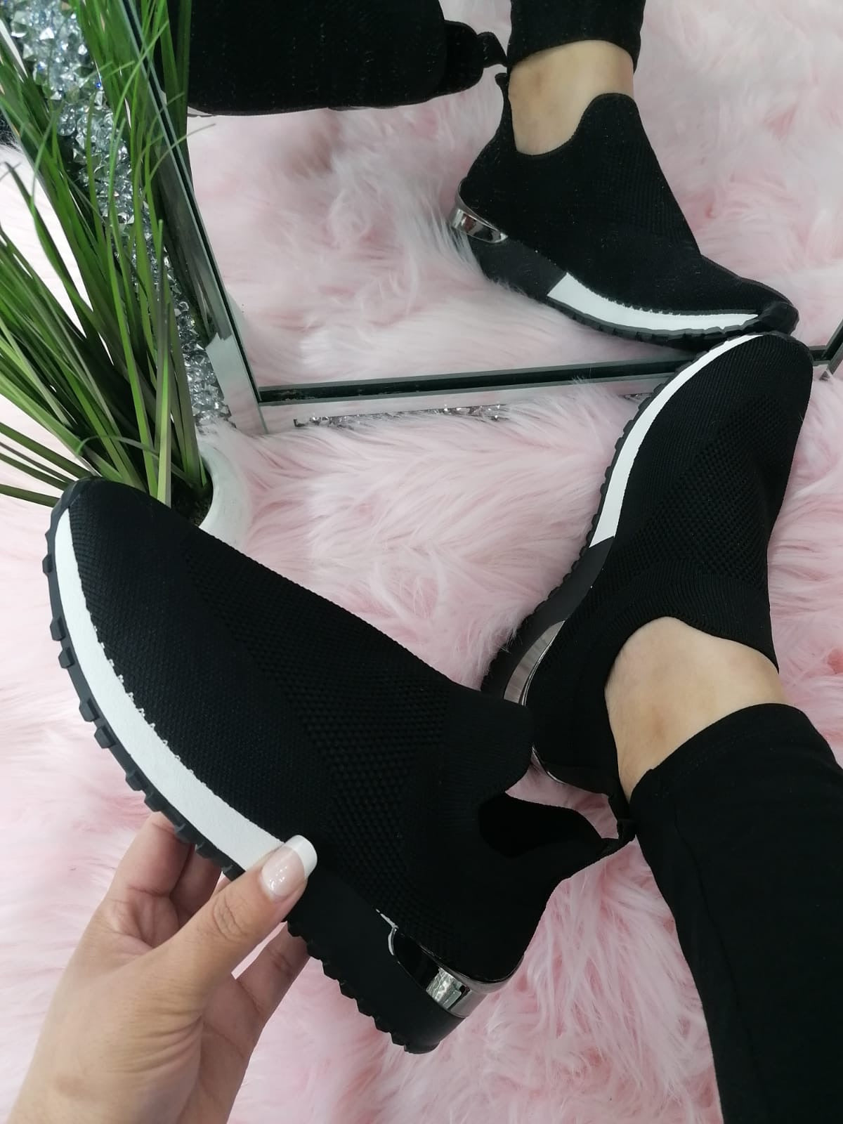 Black mesh slip on trainers