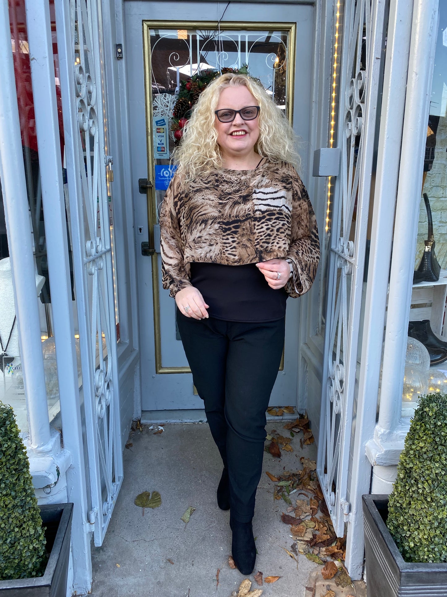 Black with brown animal print mock two piece chiffon top
