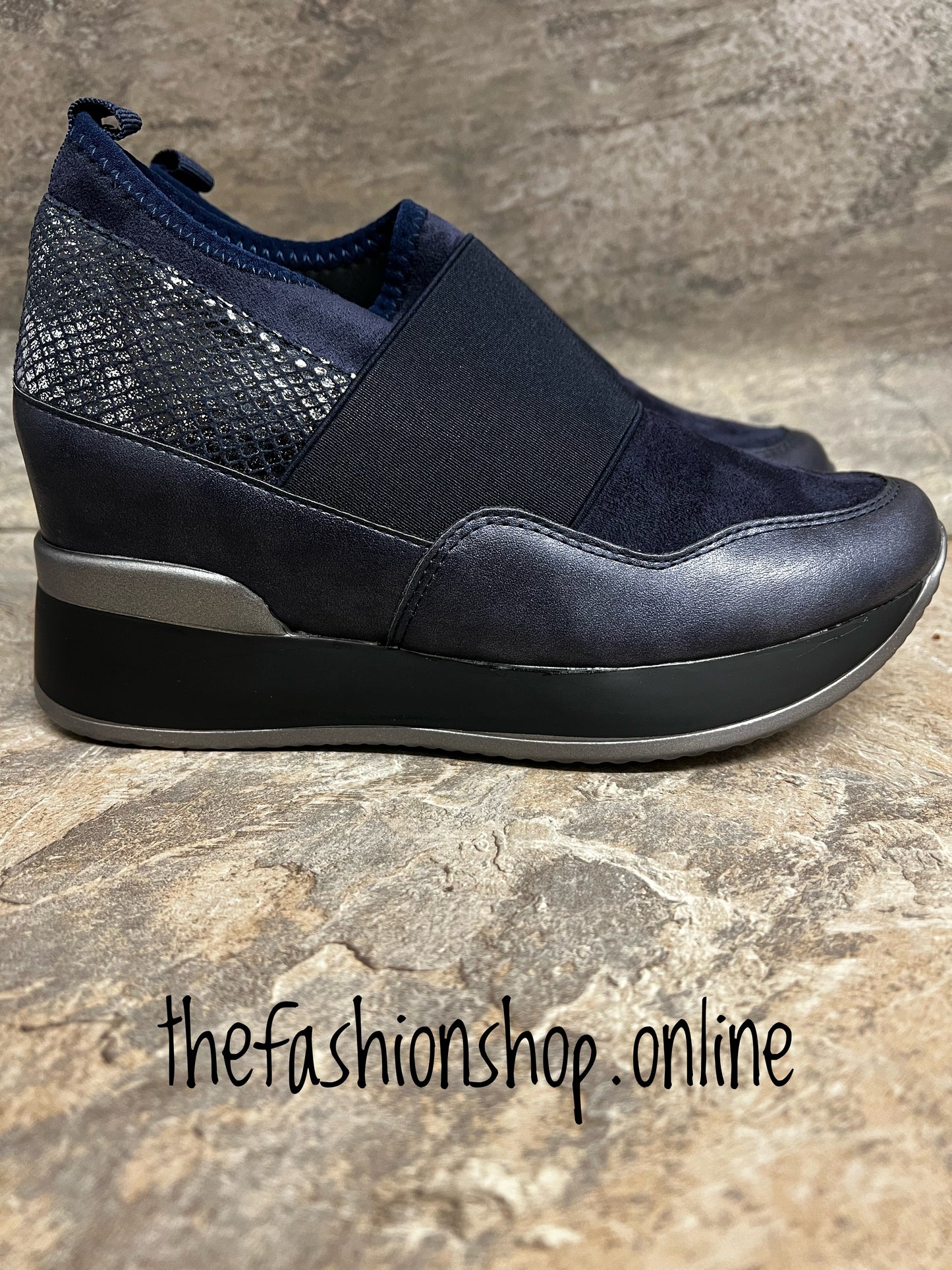 Navy and silver wedge slip on trainer