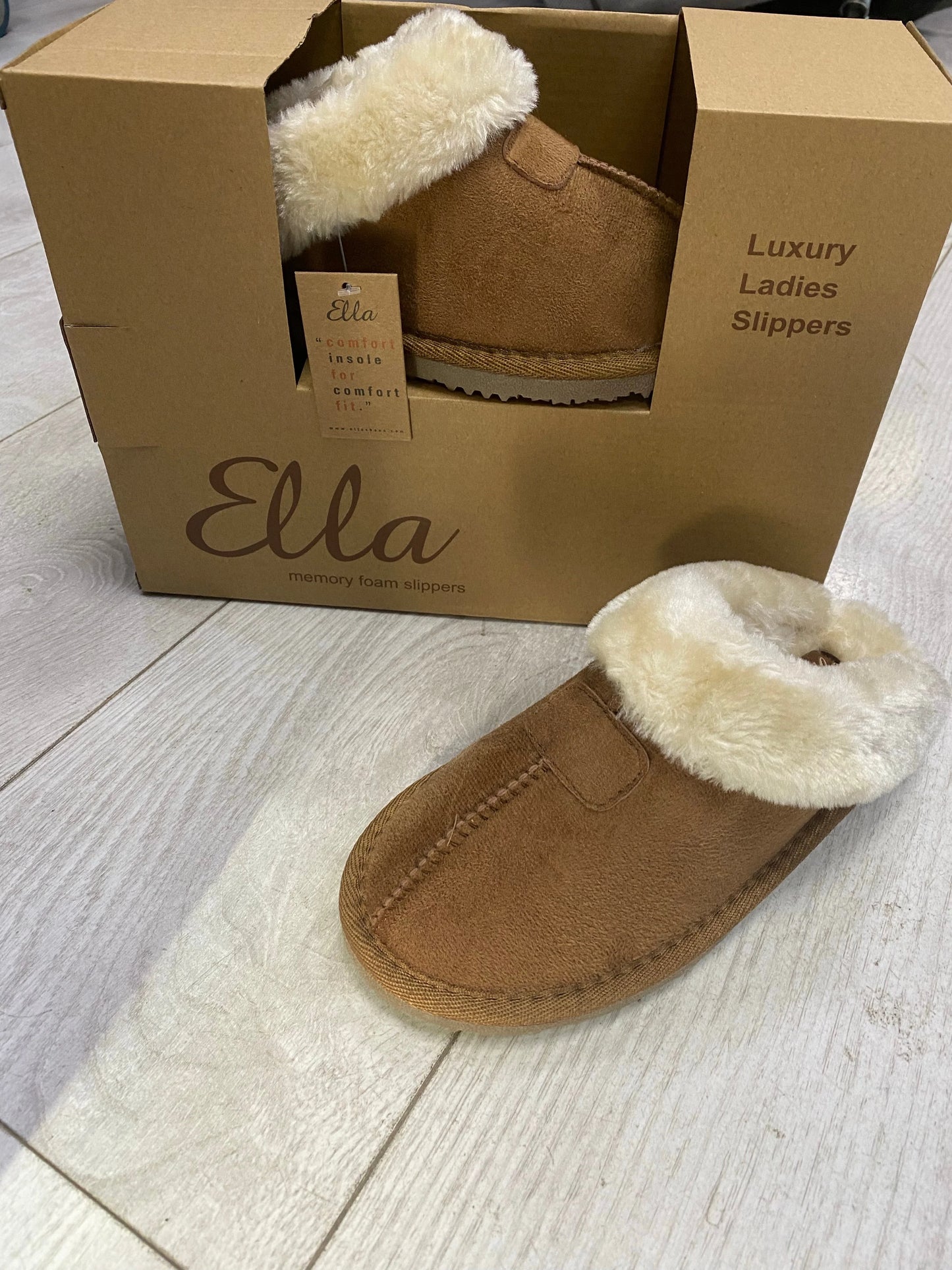 Chestnut Ella Jill mock suede slippers sizes 3-8