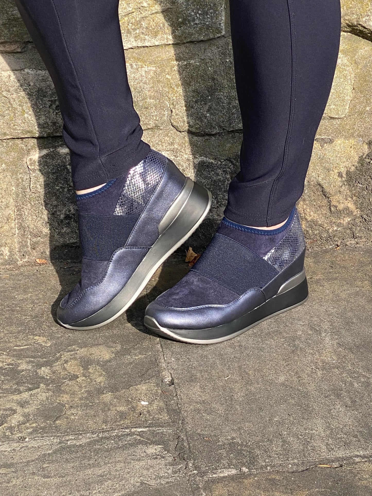 Navy and silver wedge slip on trainer