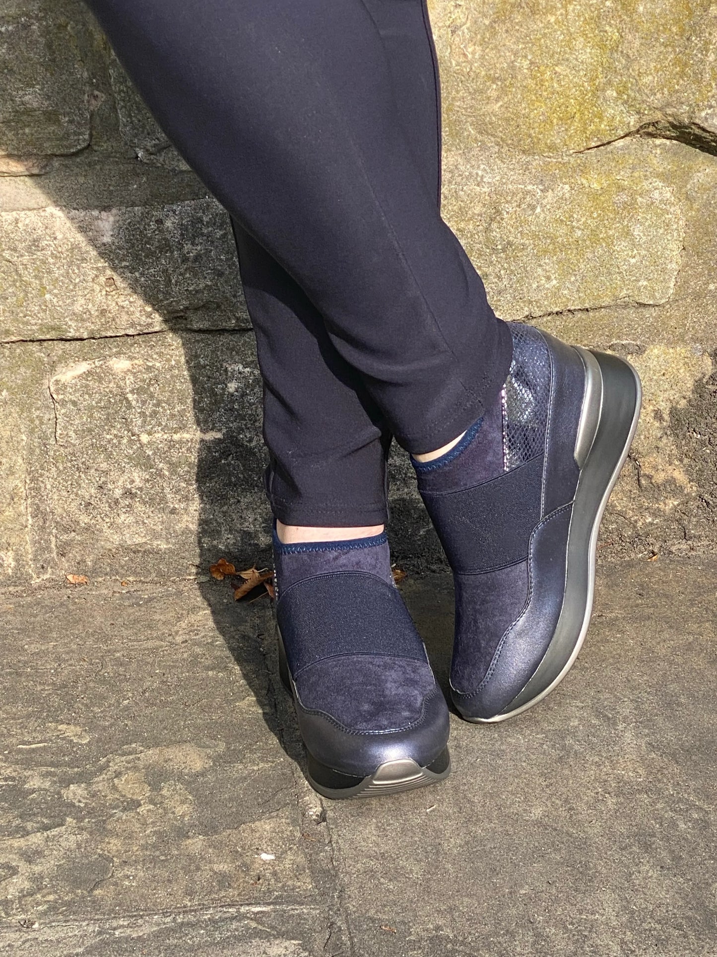 Navy and silver wedge slip on trainer