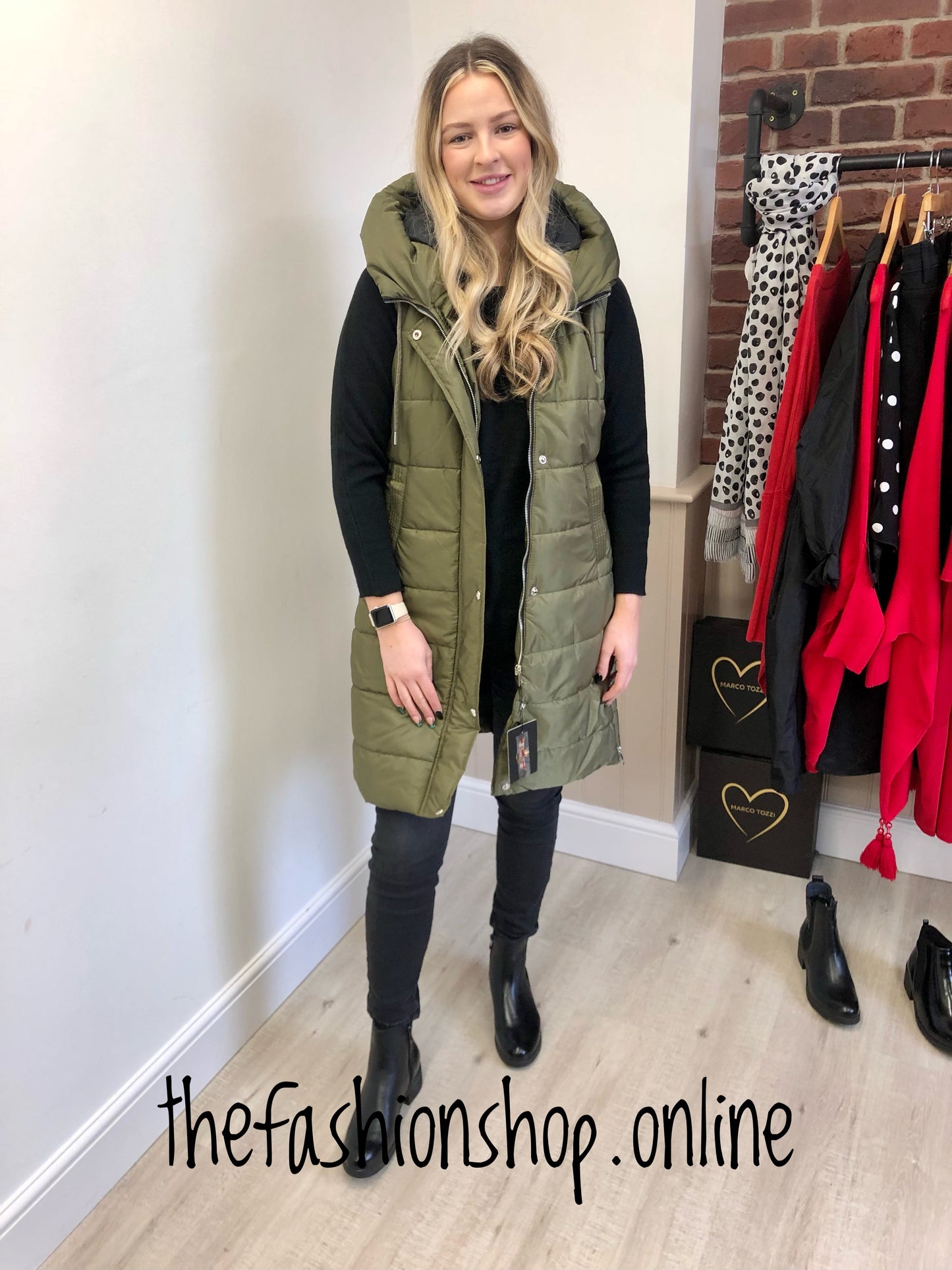 Khaki longline padded gilet in sizes 8 to 18-20