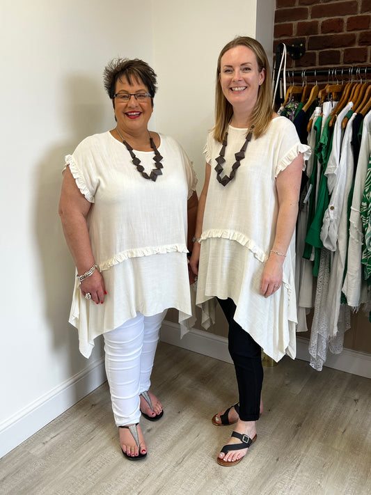 Cream linen mix frill detail tunic with necklace