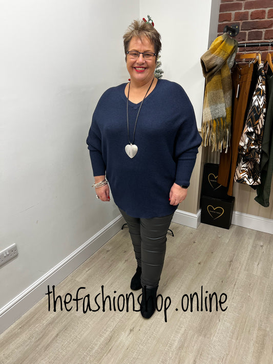 Navy v neck ribbed jumper 12-22