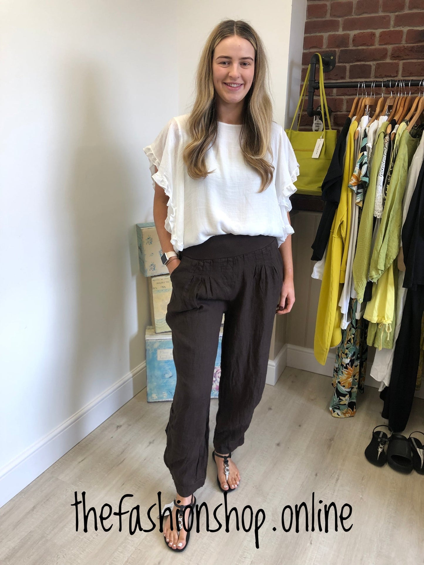 Brown linen Super Belle trousers 10-18