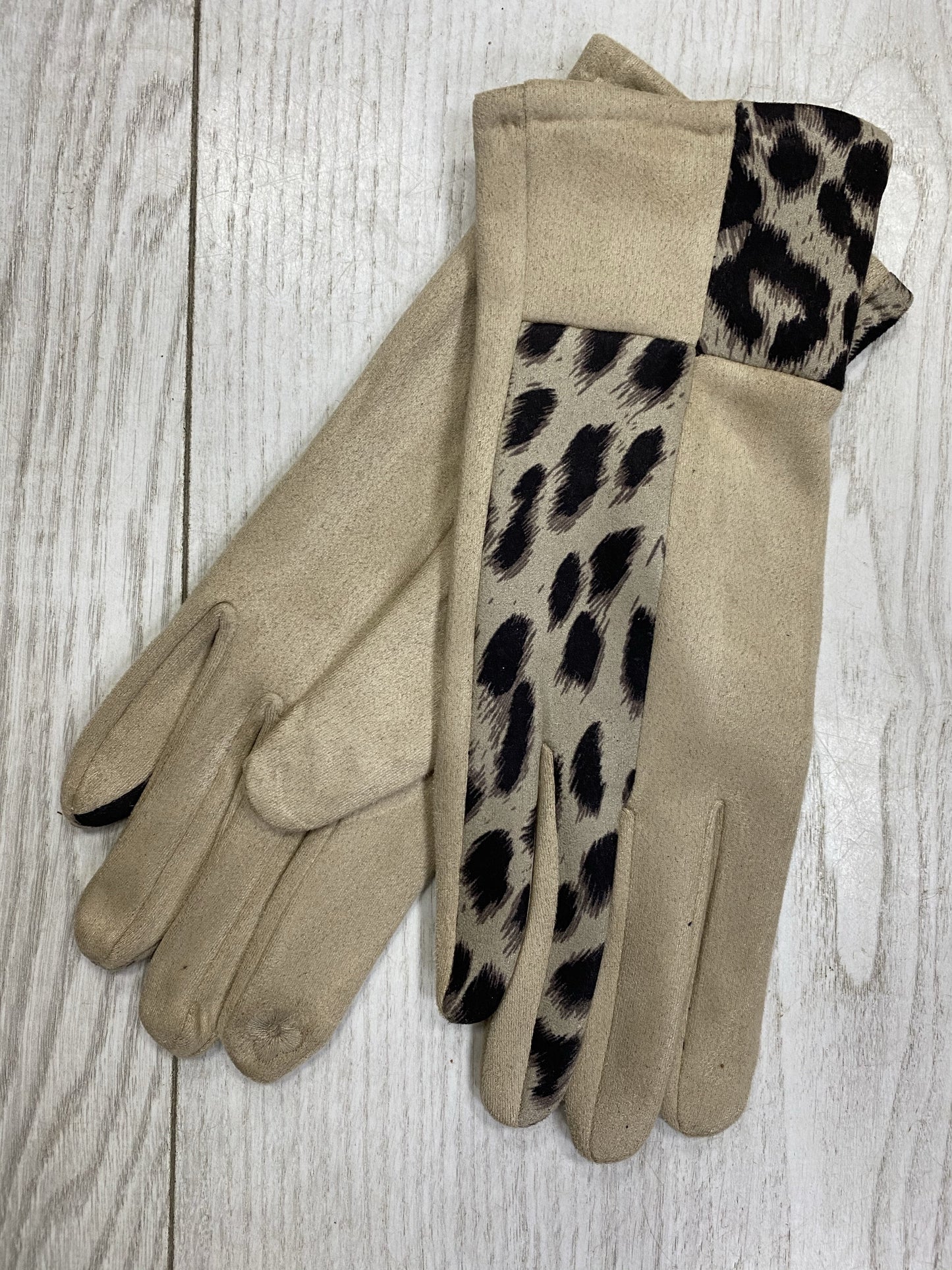 Camel faux suede animal print gloves