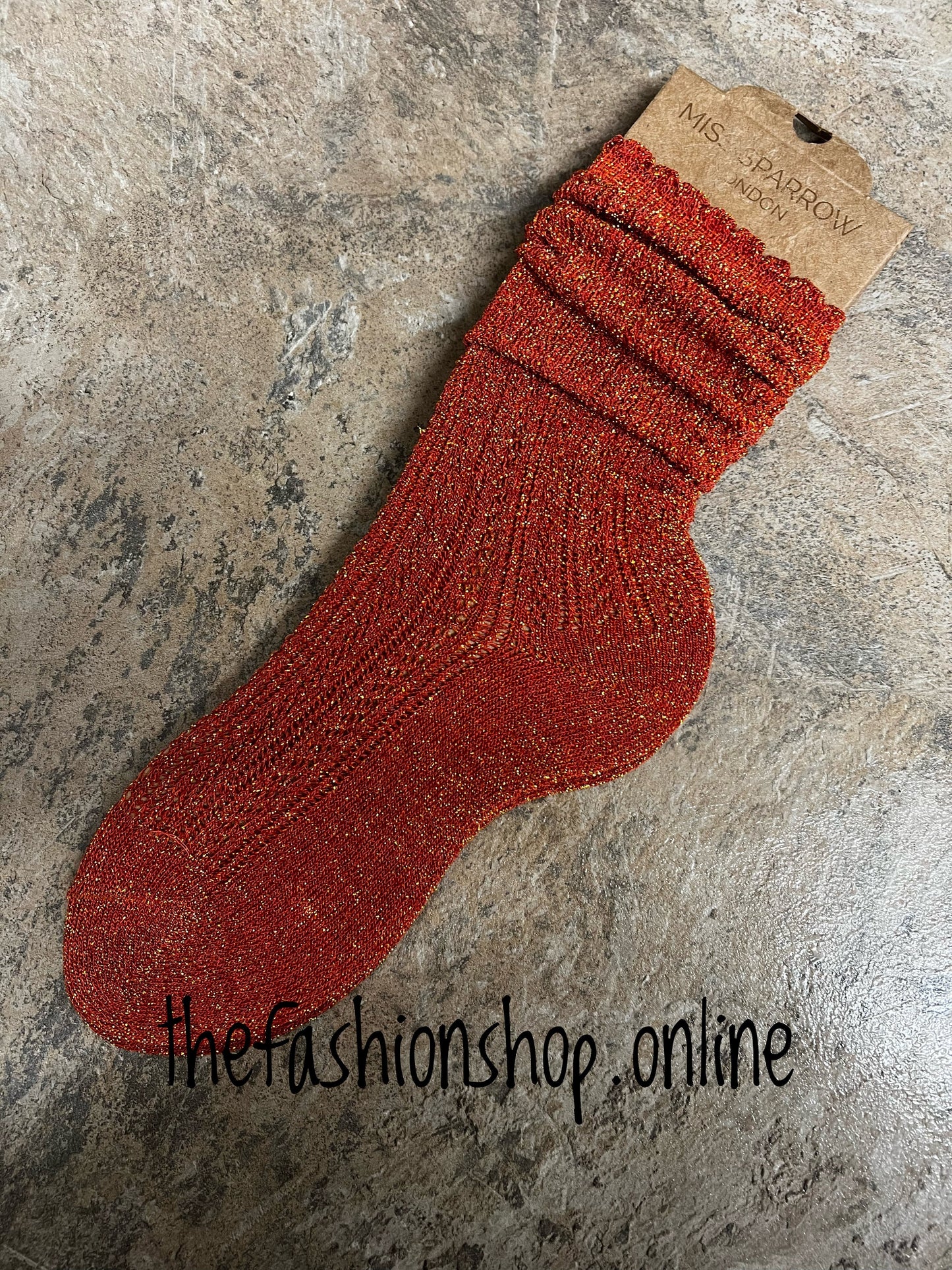 Miss Sparrow orange lace glitter socks