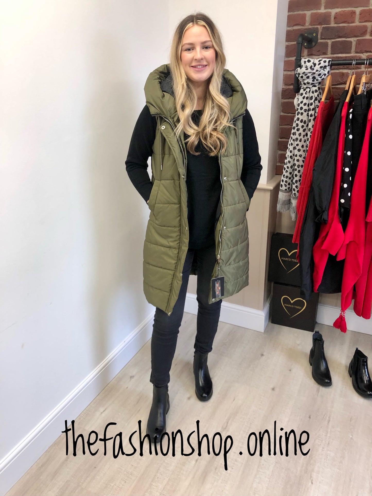 Khaki longline padded gilet in sizes 8 to 18-20