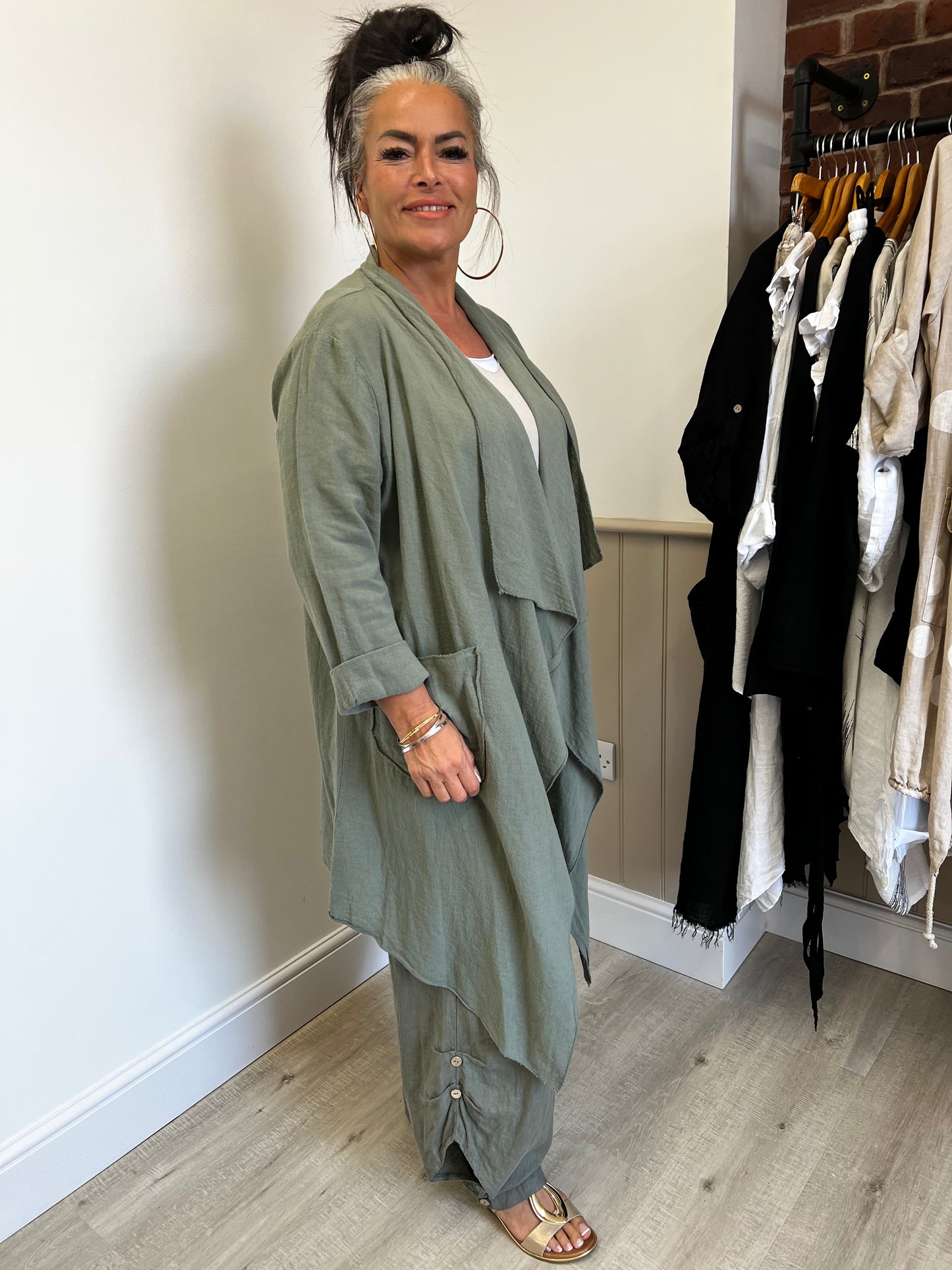 Khaki waterfall linen mix jacket with pockets
