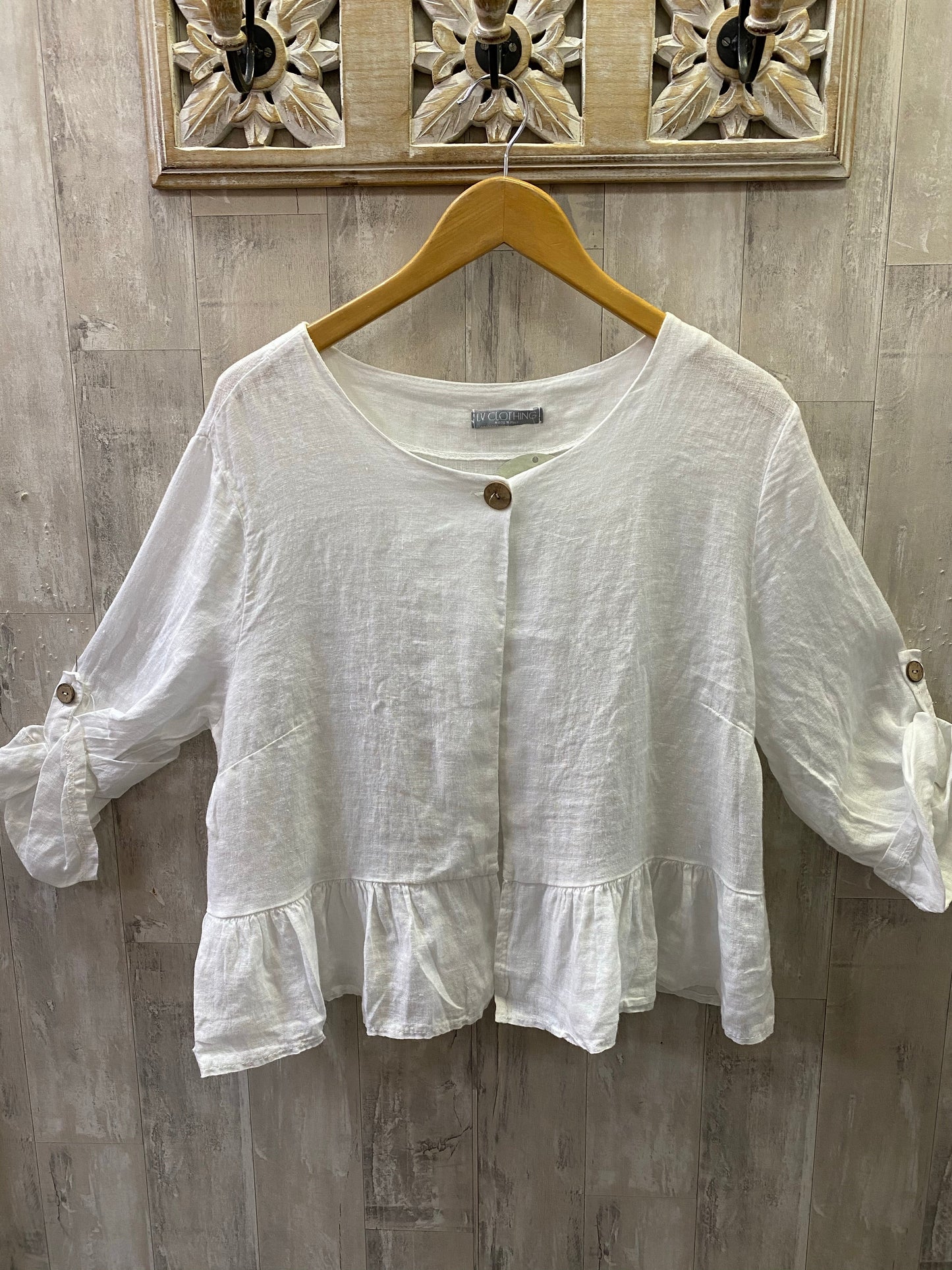 Linen bolero jacket frilled hem white