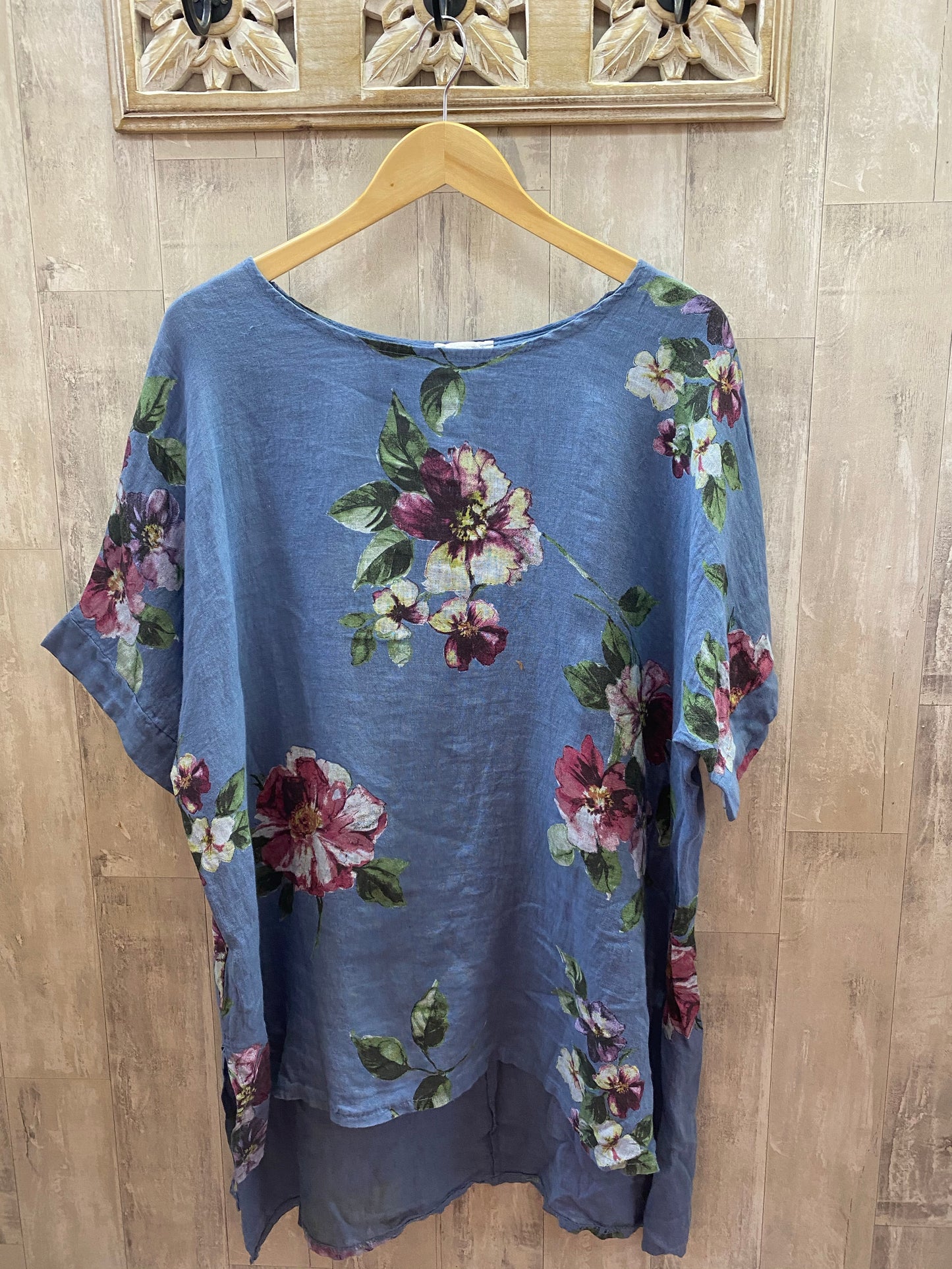 Floral linen tunic with split denim blue