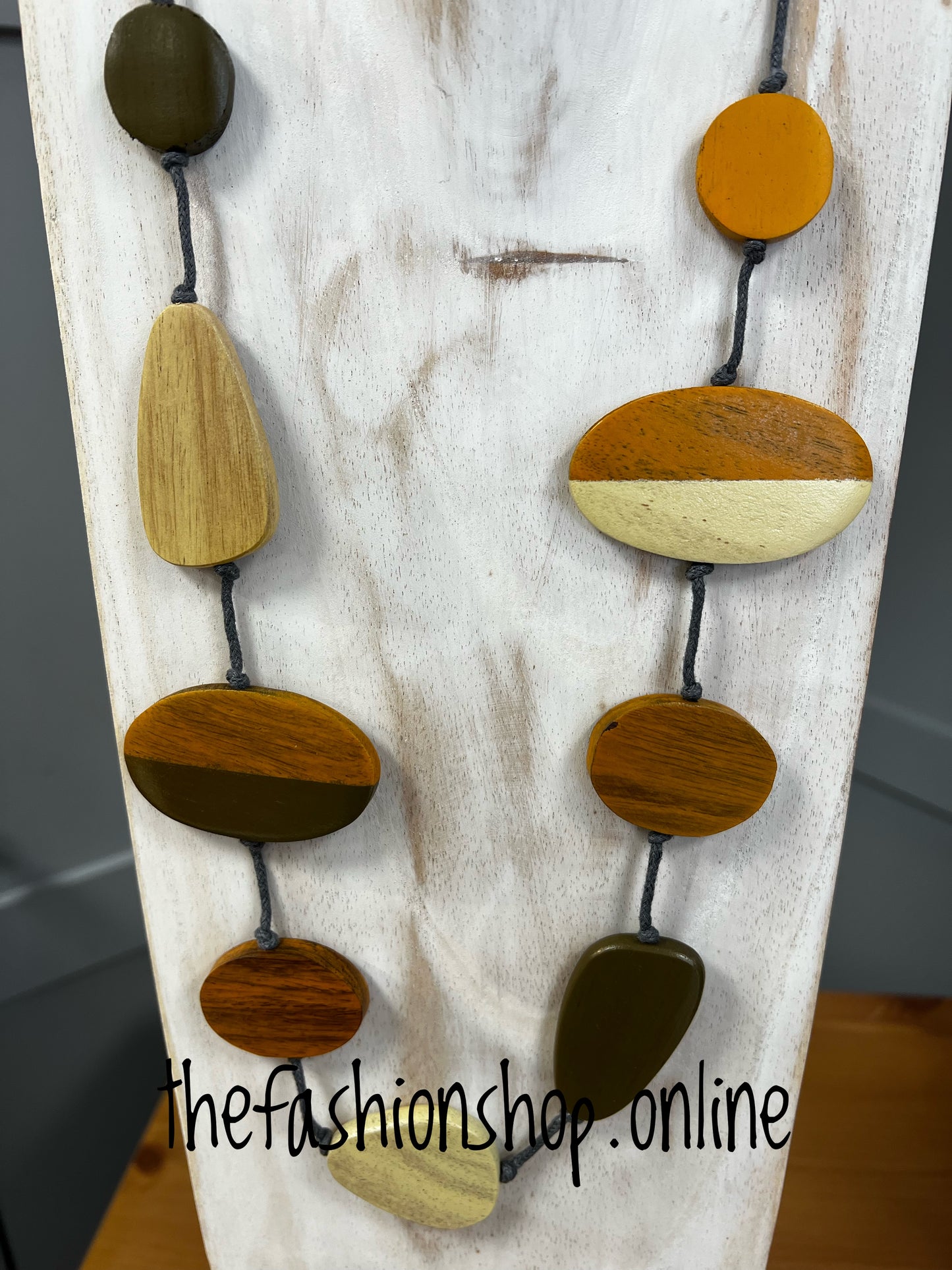 Suzie Blue long mixed shape two tone wooden necklace in shades of brown