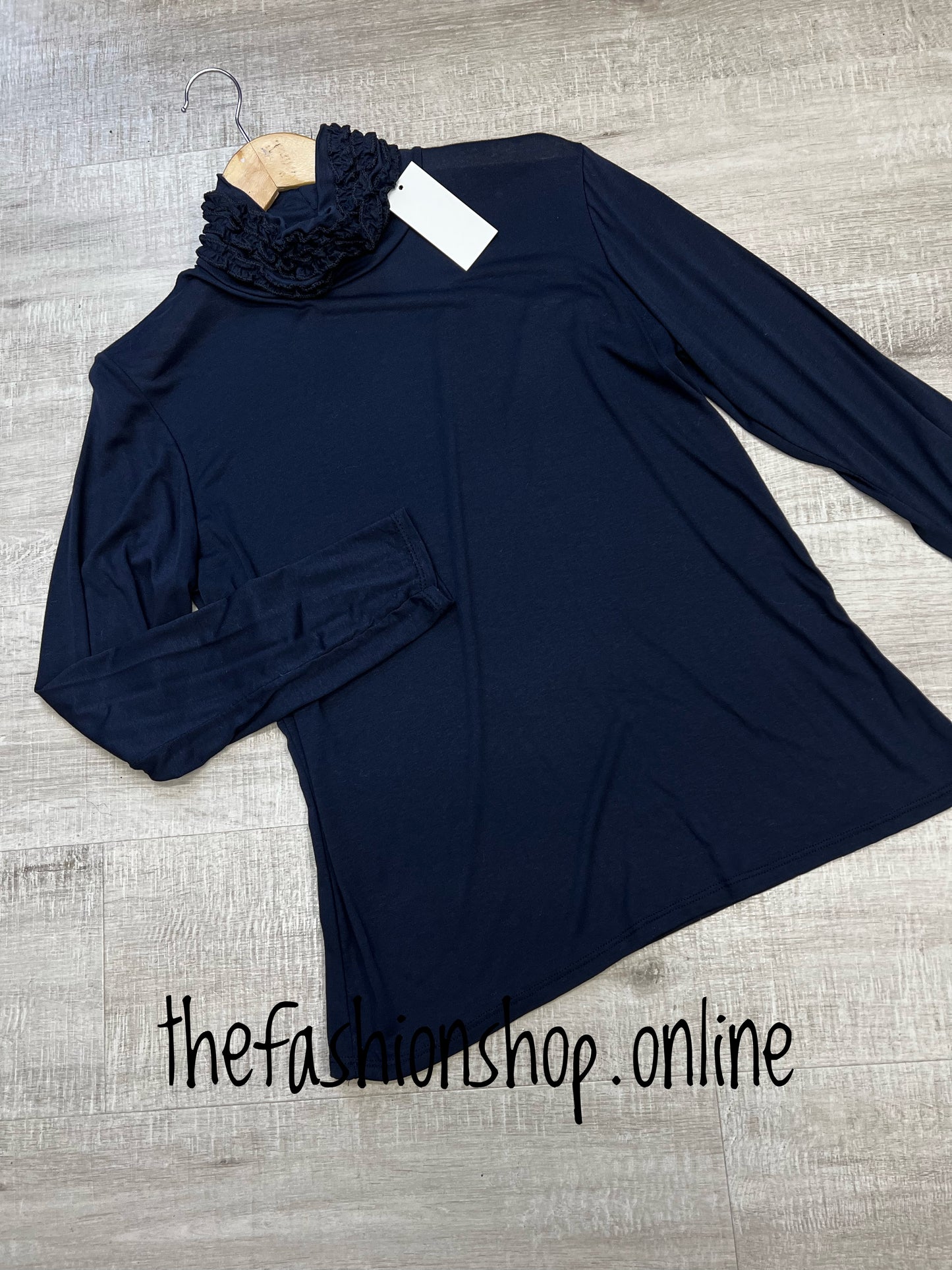 Navy ruffle neck polo 12-16